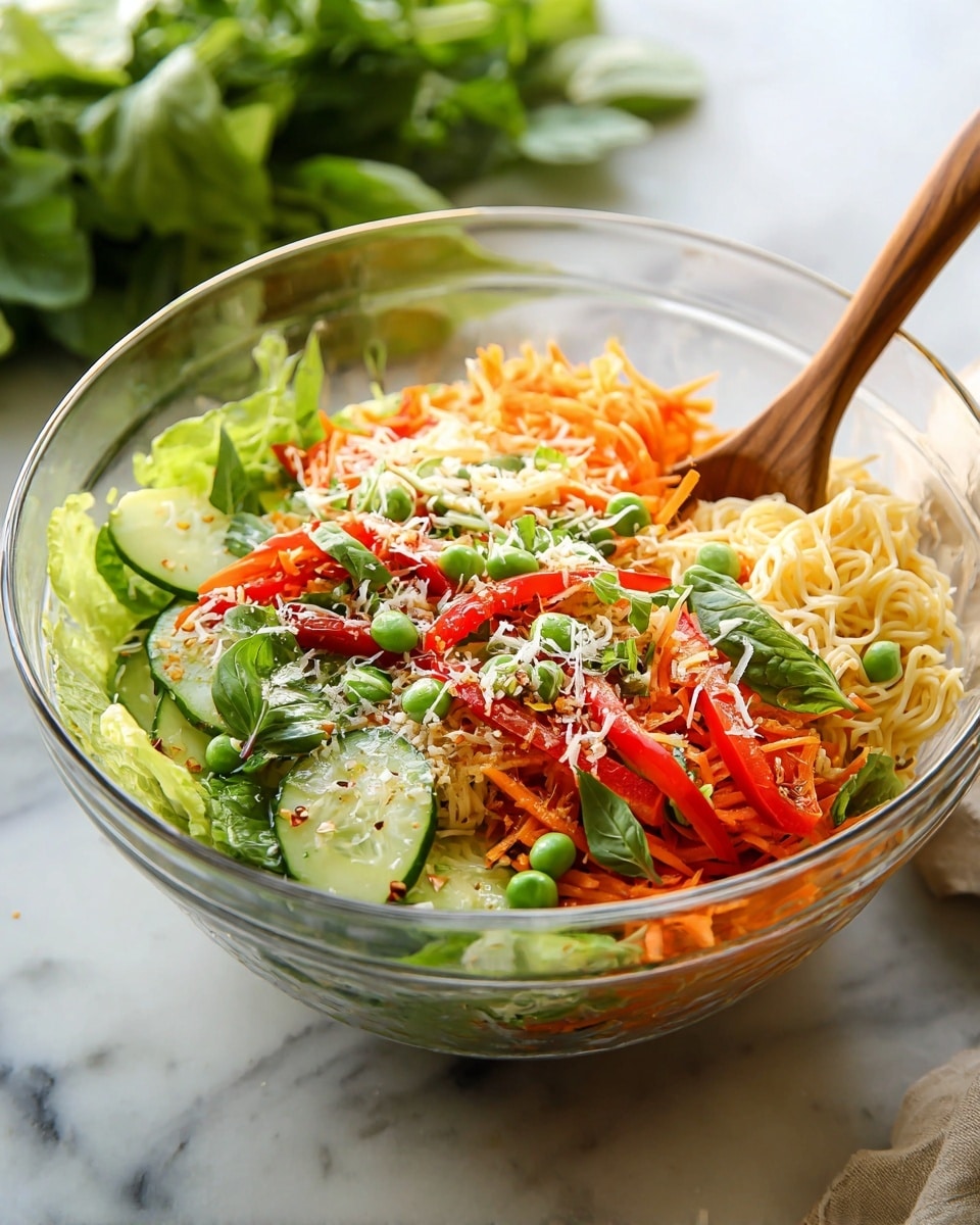 A clear glass bowl holds a vibrant mixed salad on a white marbled surface. At the bottom layer, there are thin light yellow noodles mixed with bright orange carrot shreds. On top, a layer of fresh green lettuce leaves spreads around the edges, holding slices of pale green cucumber mixed with thin strips of red bell pepper and green peas scattered across. The salad is sprinkled with finely grated white cheese and small bits of crunchy seasoning, adding texture. A wooden spoon is placed inside the bowl, resting on the right side. In the background, some green leafy herbs can be seen slightly out of focus. Photo taken with an iphone --ar 4:5 --v 7