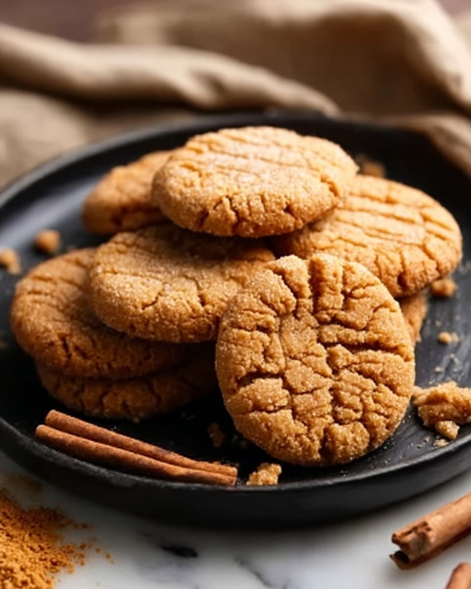 A black plate holds a pile of golden brown cookies with visible cracks and a chewy texture. The cookies are stacked in a small mound, with one cookie resting slightly in front showing its round shape and crinkled surface. Around the plate, a few cinnamon sticks and cookie crumbs add detail. The plate is set on a white marbled surface with a beige cloth in the background. photo taken with an iphone --ar 4:5 --v 7
