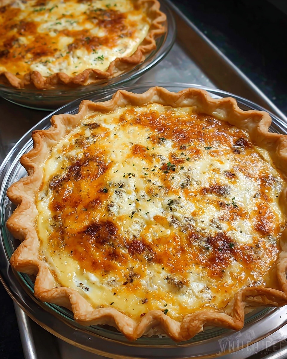 A close-up of two baked pies on metal trays, each pie has a golden brown crust with a ruffled edge, filled with a creamy mixture that is mostly light yellow and white with browned spots and herbs scattered on top. The pies are in clear glass pie dishes showing the thick crust edge, with a smooth, slightly glossy surface from melted cheese or cream. The background is a white marbled texture with metal trays underneath the pies. photo taken with an iphone --ar 4:5 --v 7