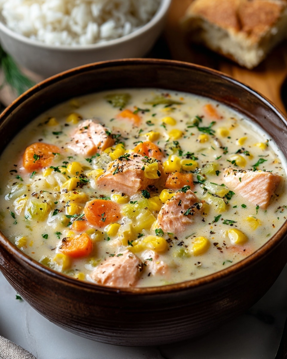 A close-up of a thick creamy soup served in a deep brown bowl, filled with chunks of pink salmon, bright yellow corn kernels, small orange carrot pieces, and light green celery bits. The soup has a pale creamy base with specks of black pepper and green herbs sprinkled on top. In the background, there is a white bowl filled with white rice and some pieces of bread on a white marbled surface. photo taken with an iphone --ar 4:5 --v 7