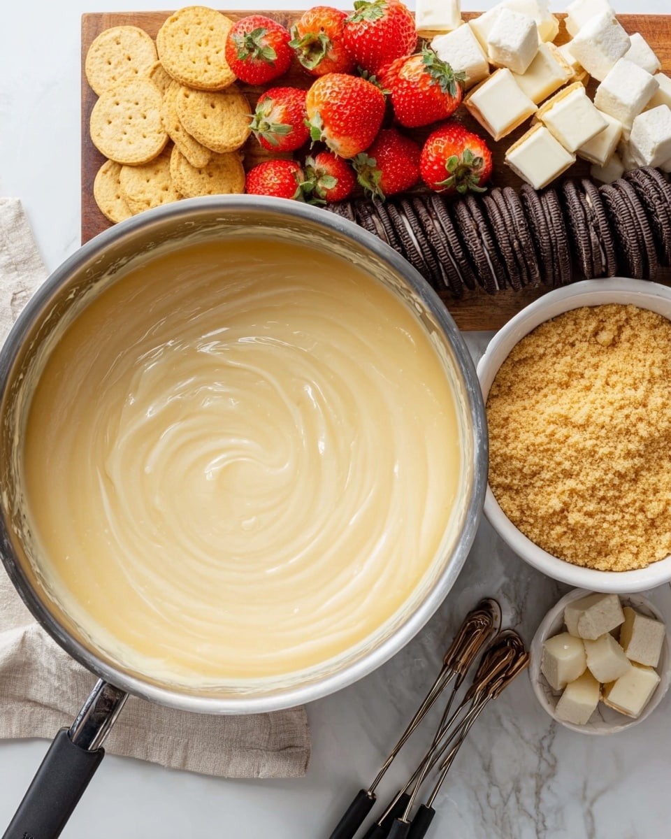 A large silver pot filled with smooth, creamy, light beige custard with soft swirls on the surface sits on a white marbled texture. To the right, a white small bowl is full of crushed golden brown graham cracker crumbs. Above the bowl, a wooden board holds several layers of snacks: plump red strawberries, round yellow vanilla wafers, small white cake cubes with golden brown edges, and a neat stack of dark chocolate sandwich cookies. Two metal skewers with black handles rest near the bowl. Photo taken with an iphone --ar 4:5 --v 7