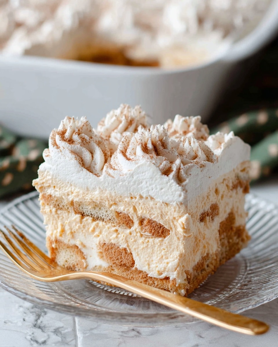 A square piece of layered dessert sits on a clear glass plate with a gold fork beside it, all placed on a white marbled surface. The dessert has three main layers: the bottom layer is thick and creamy with a light caramel color and slightly rough texture, the middle layer features visible light brown cookie or cake pieces embedded in a creamy base, and the top layer is fluffy white whipped cream piped in swirls with a dusting of light brown cinnamon powder on top. In the background, there is a white baking dish filled with the same dessert, slightly out of focus. Photo taken with an iphone --ar 4:5 --v 7