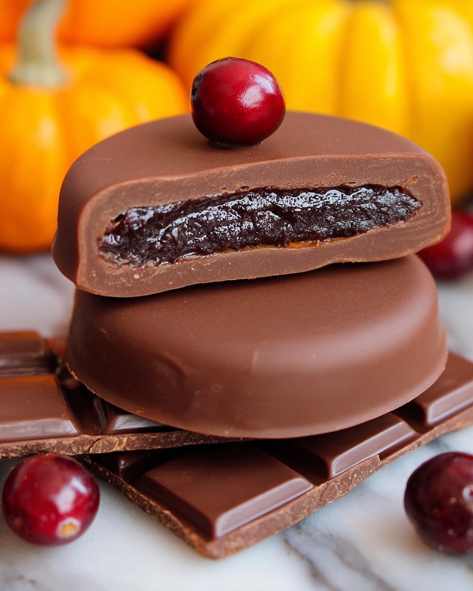 A close-up of a chocolate-covered round candy with two layers: a smooth milk chocolate outer shell and a glossy dark chocolate filling inside. The candy is split in half, with one half stacked on top of the whole piece, revealing the thick dark filling layer that contrasts with the lighter brown outer shell. On top of the stacked halves sits a shiny, round red cranberry. The candies rest on a bed of flat chocolate pieces with a textured pattern, all placed on a white marbled surface. In the background, blurred orange and yellow pumpkins add a warm tone. Photo taken with an iphone --ar 4:5 --v 7