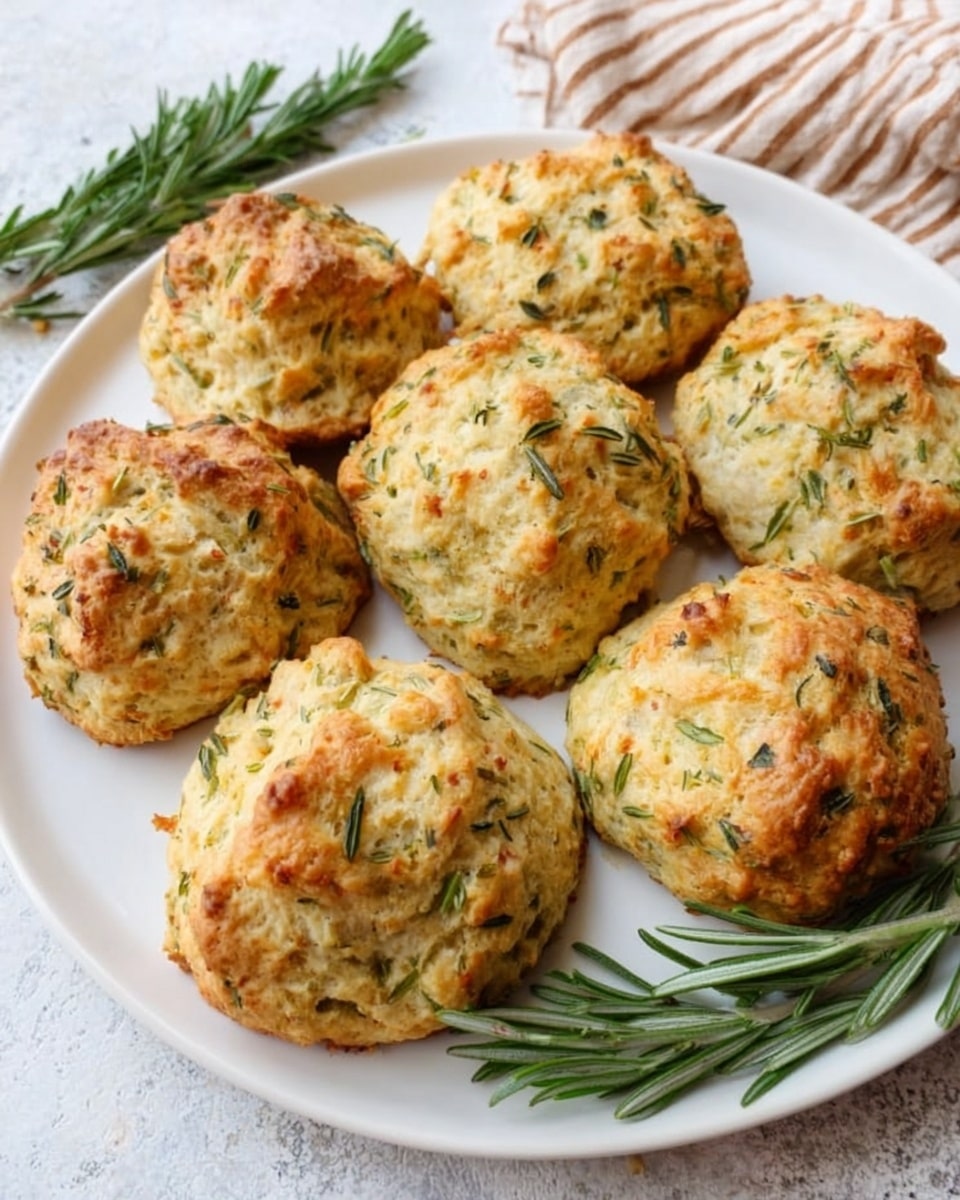 The image shows six rustic herb scones arranged in a circle on a white plate, each scone golden brown with slightly rough, uneven tops speckled with green herbs and bits of cheese visible throughout. A sprig of fresh rosemary lies next to the scones for decoration. The plate sits on a white marbled textured surface with a soft background and a hint of a striped cloth visible in the background. Photo taken with an iphone --ar 4:5 --v 7