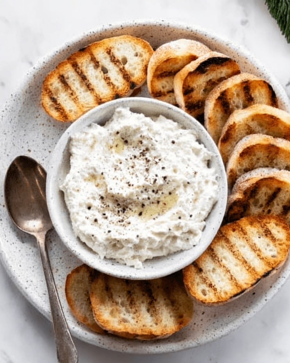 The image shows a white speckled plate with a white bowl at its center filled with creamy white cheese topped with a sprinkle of black pepper. Surrounding the bowl are eight slices of toasted bread with clear grill marks, arranged in a circular pattern. A metallic spoon lies on the plate’s left side next to the bowl. The scene is set on a white marbled surface. Photo taken with an iphone --ar 4:5 --v 7