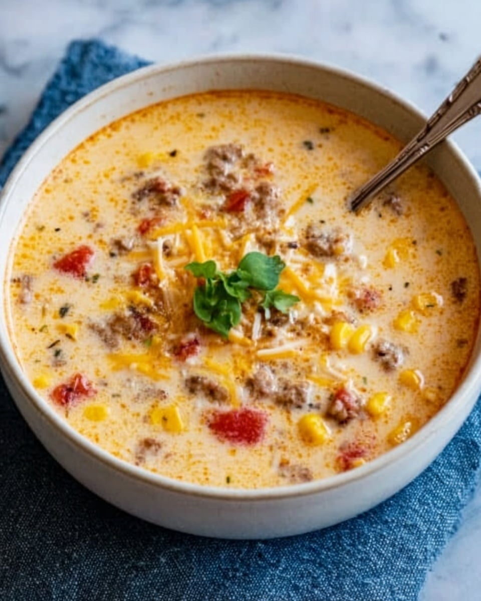 A white bowl filled with creamy soup that has visible layers of ingredients, including bright yellow corn kernels, small bits of red tomato, and brown ground meat mixed throughout the light-colored broth. A small green leafy herb sits on top in the center, adding a fresh touch. A silver spoon is placed inside the bowl on the right side, slightly submerged in the soup. The bowl is on a dark blue cloth, all placed on a white marbled surface. Photo taken with an iphone --ar 4:5 --v 7