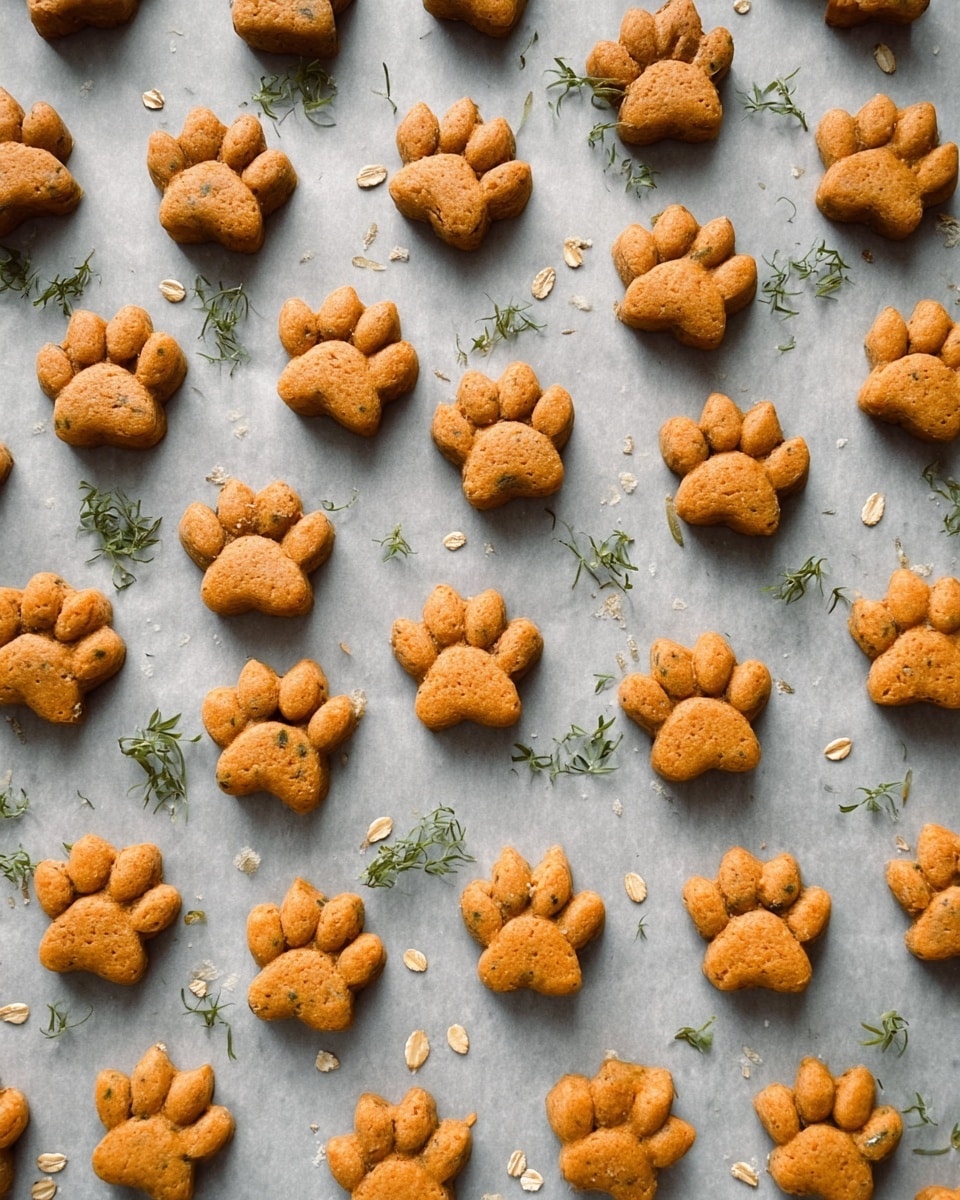 The image shows many small paw-shaped cookies arranged evenly on a baking tray lined with light gray parchment paper. Each cookie is a warm golden-brown color with a slightly rough texture that suggests they are baked and crispy. Scattered around the cookies are a few pieces of oats and small green parsley leaves, adding some natural texture and color contrast. The scene is simple, focusing on the cute paw shapes and the natural baking elements, with soft natural light highlighting the warm tones of the cookies. Photo taken with an iphone --ar 4:5 --v 7