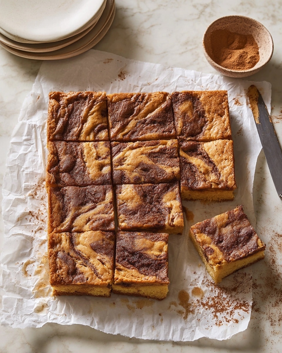 A square batch of cinnamon swirl blondies is cut into nine even pieces, with one piece slightly pulled away from the rest. The top layer is golden brown with dark brown cinnamon swirls creating a marbled texture. The blondies have a soft, slightly crumbly appearance. They sit on a sheet of crumpled white parchment paper over a white marbled surface. Nearby, there is a small bowl with brown cinnamon powder scattered around it, a white stack of plates, and a silver knife with a thin layer of blondie crumbs on the blade. Photo taken with an iphone --ar 4:5 --v 7
