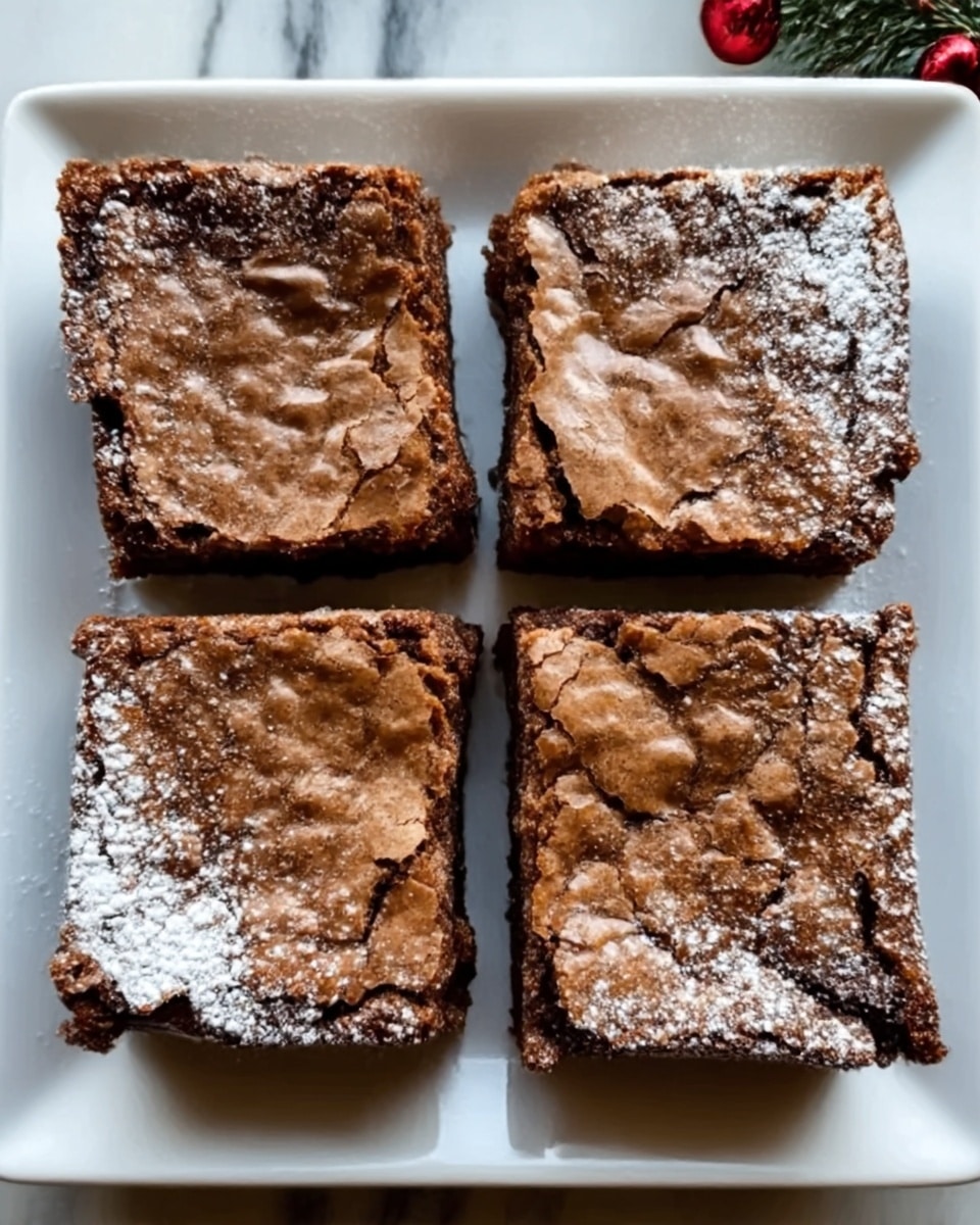 A white square plate holds four square chocolate brownies arranged in a 2x2 grid. Each brownie has a cracked shiny top layer with a rich brown color. The brownies have a slightly rough texture, dusted lightly with powdered sugar, mainly on the top left and bottom right corners, adding contrast. The plate sits on a white marbled surface. photo taken with an iphone --ar 4:5 --v 7