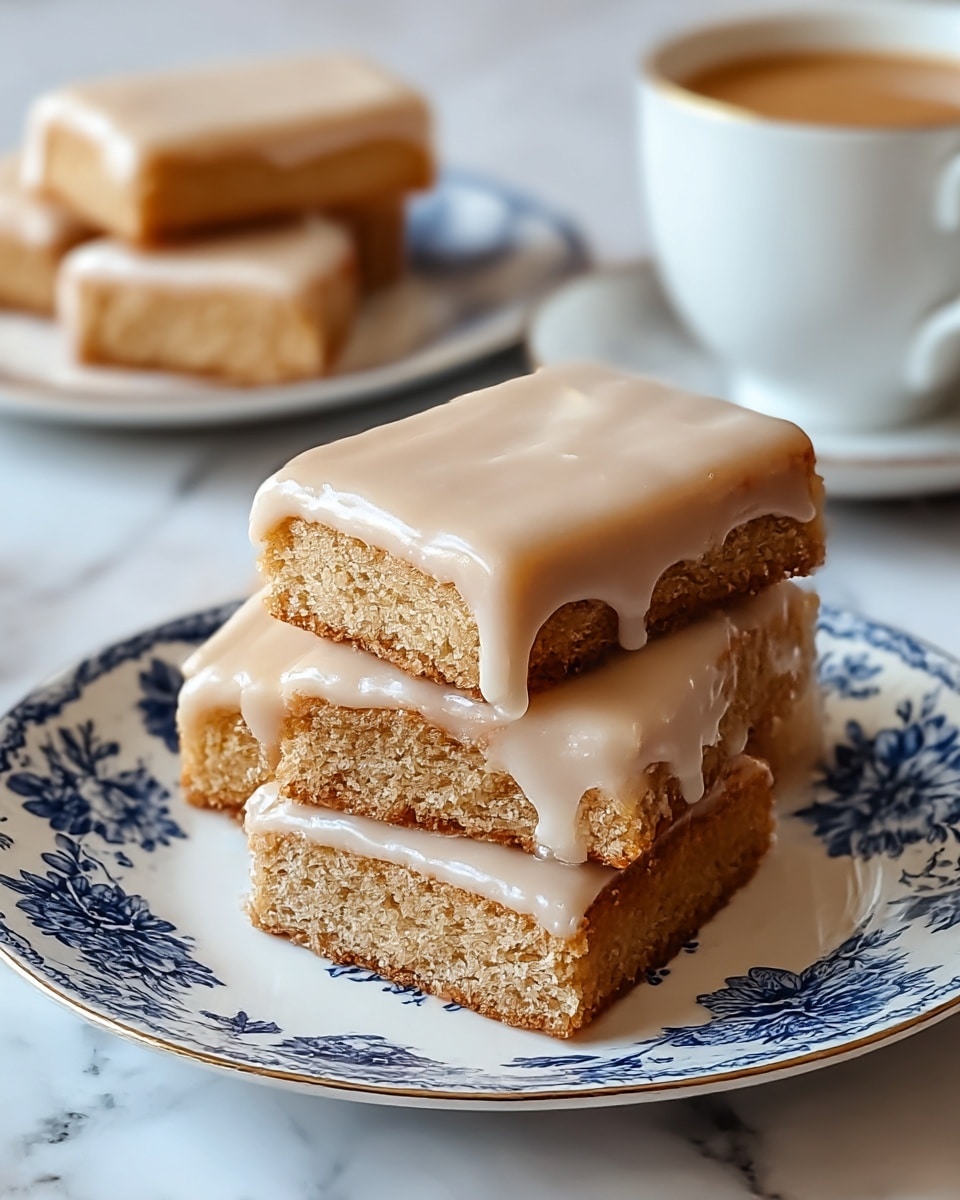 The image shows four rectangular cake bars stacked in two layers on a white plate with blue floral patterns. Each bar has a light brown, moist texture base with a smooth, creamy pale beige icing layer thickly applied on top, slightly dripping down the sides. In the blurred background, there is a white cup with light brown liquid, placed on a white marbled surface. photo taken with an iphone --ar 4:5 --v 7