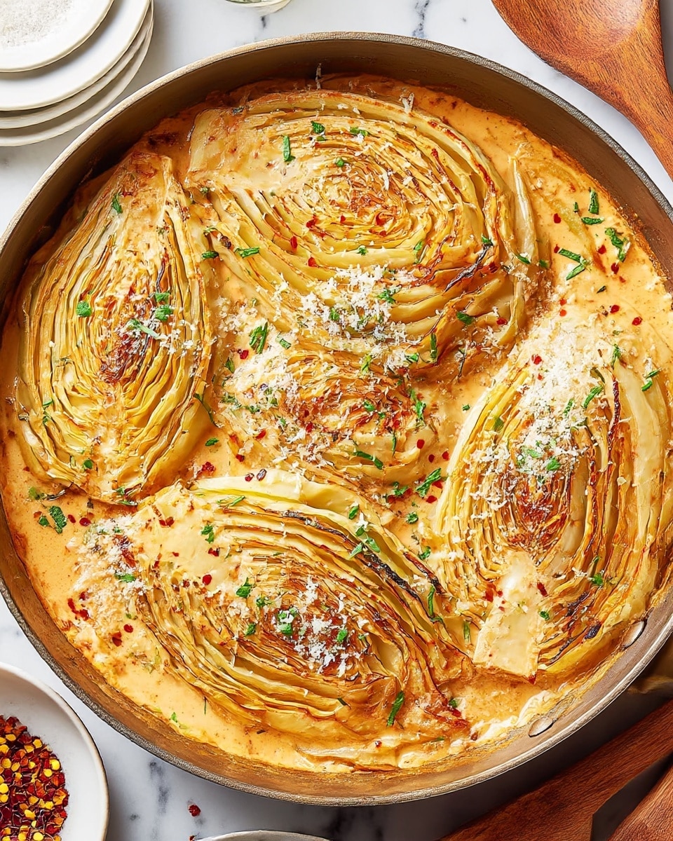A large round pan holds four thick wedges of cooked cabbage, each wedge layered with many pale yellow to light brown leaves, showing slight charring on the outer edges. The cabbage is covered in a creamy, light orange sauce that pools in the pan, with grated cheese sprinkled on top adding a white texture. Small green herbs and red chili flakes are scattered across the cabbage, adding spots of green and red color. The pan sits on a white marbled surface, with parts of a wooden spatula and some white dishes visible nearby. photo taken with an iphone --ar 4:5 --v 7