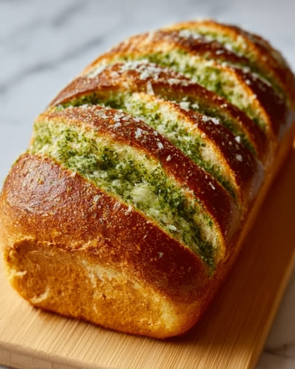A fresh loaf of bread is shown from above on a wooden cutting board with a white marbled background. The bread is golden brown with a crispy crust and soft inside. It has five deep slashes on top, each filled with green herbs and sprinkled with coarse salt. The texture is crunchy outside and fluffy inside, with uneven browning that shows it is homemade. photo taken with an iphone --ar 4:5 --v 7