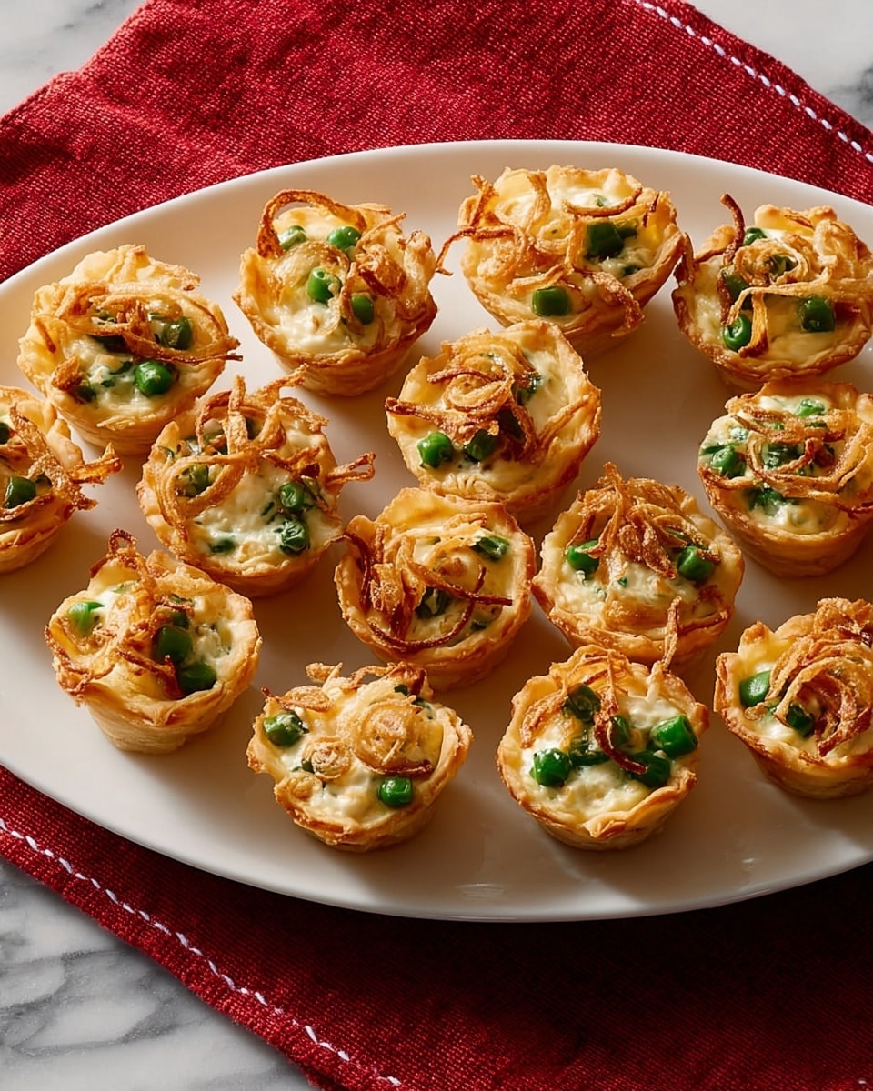 A white plate filled with around thirteen small bite-sized tarts, each tart consisting of a golden-brown flaky crust holding a creamy white filling mixed with pieces of green beans, topped with thin, lightly browned fried onion strips. The tarts are arranged close together over the plate, placed on a white marbled surface with a red cloth featuring a white grid pattern nearby. The lighting highlights the crisp edges and textures of the tarts, making them look warm and fresh photo taken with an iphone --ar 4:5 --v 7