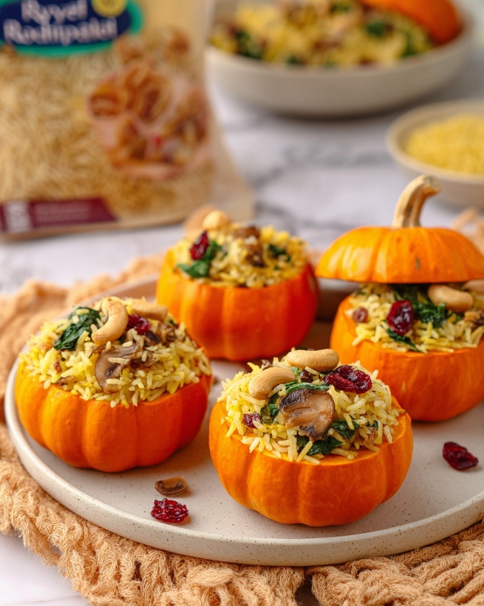 The image shows four small orange pumpkins hollowed out and filled with a mixture of yellow rice, green leafy herbs, nuts, and small red dried fruits, arranged on a white plate. One pumpkin has its lid placed slightly tilted on top, showing the filling inside, and another lid sits separately on the plate. The filling has visible textures from the grains of rice, sliced mushrooms, and fresh herbs, creating a colorful contrast to the smooth orange pumpkin shell. The plate is placed on a white marbled surface with some green leaves next to it, and a bag of Royal Basmati Rice is blurred in the background. photo taken with an iphone --ar 4:5 --v 7