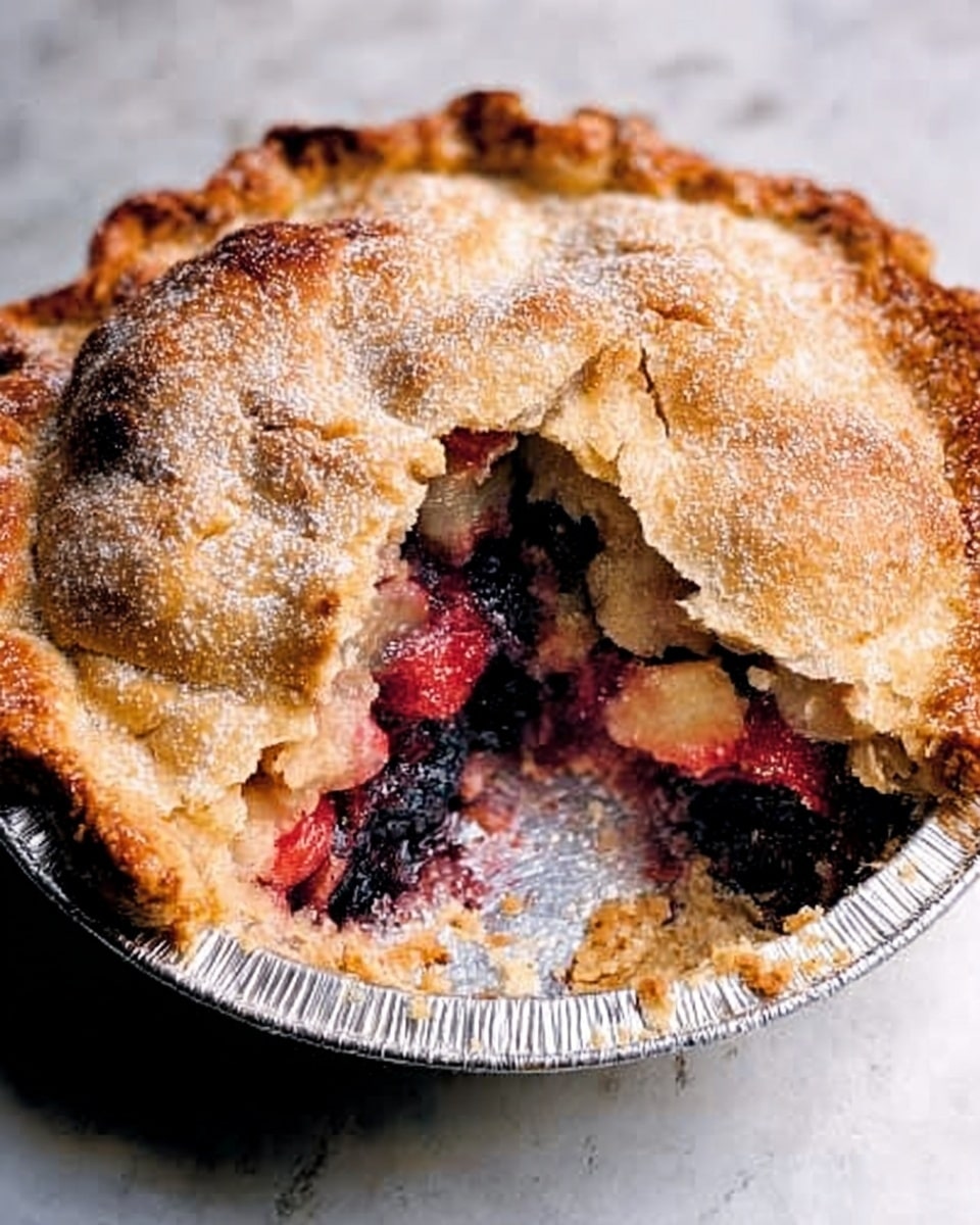 A golden brown pie with a flaky crust sprinkled lightly with powdered sugar sits in a round silver foil pie pan. The top crust is thick with slightly uneven edges and a rustic look. A slice has been cut out, revealing the inside filled with layers of dark purple berries mixed with red fruit chunks that have a juicy texture. The pie rests on a white marbled surface, with soft natural light highlighting the warm colors and flakiness of the crust. photo taken with an iphone --ar 4:5 --v 7