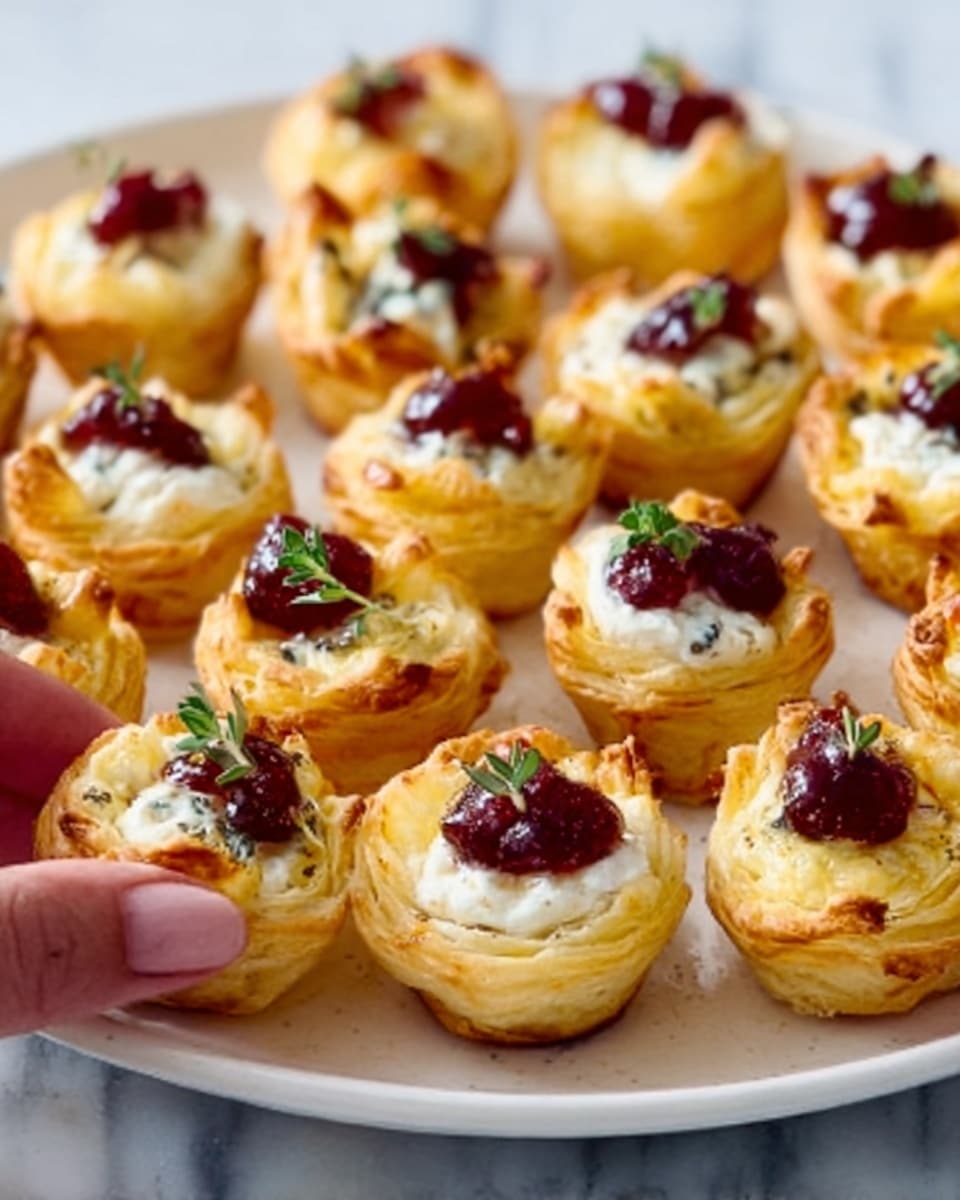 The image shows a white plate filled with small pastry cups that have a golden brown, flaky texture. Each cup has three distinct layers: the bottom and sides are made of crispy, light golden pastry dough, the middle is filled with a rich yellow melted cheese, and the top has dollops of white cream and small red jam or cranberry pieces with small green herb leaves scattered on top. A woman's hand is picking up one of the pastries, and the plate sits on a white marbled surface. photo taken with an iphone --ar 4:5 --v 7