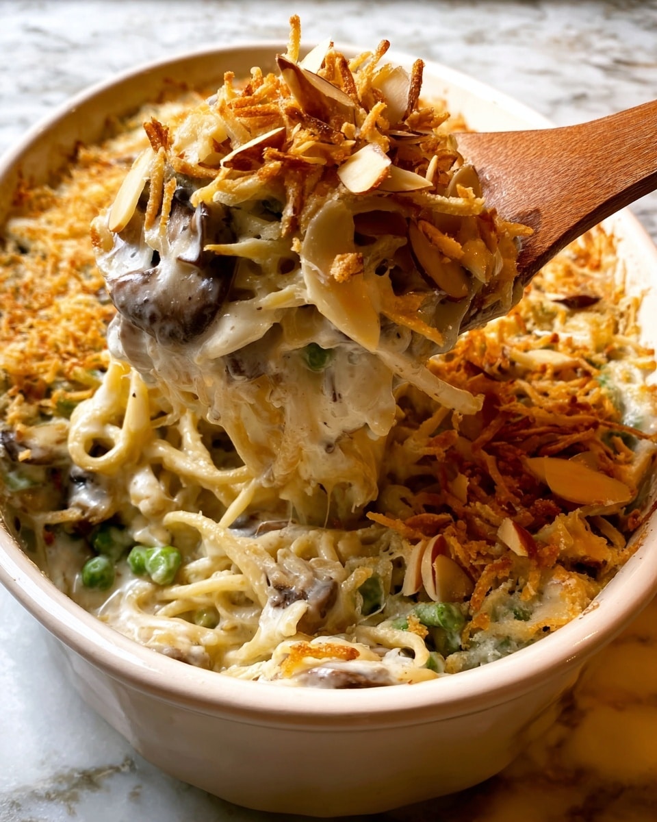 A white oval baking dish filled with a creamy baked pasta casserole composed of multiple layers. The bottom layers include thick spaghetti noodles mixed with a rich white sauce and visible pieces of mushrooms and green vegetables. The top layer is golden brown with toasted breadcrumbs and sliced almonds scattered across, adding texture and color contrast with their light brown and off-white hues. A wooden spoon lifts a portion of the pasta, showing the creamy sauce coating the noodles and some mushrooms underneath. The dish sits on a white marbled surface. photo taken with an iphone --ar 4:5 --v 7