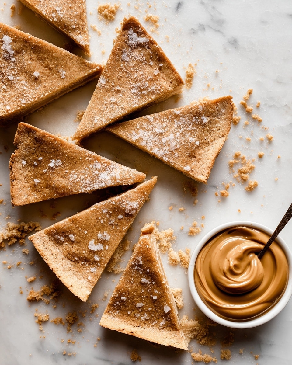 A round dessert cut into eight equal triangle slices arranged in a circle on a white marbled surface, each slice having a golden-brown top dusted with coarse sugar crystals and showing a slightly crumbly texture at the edges, with some crumbs scattered around; next to the circle of slices is a white dish filled with smooth, creamy peanut butter in a rich caramel color, with visible swirls from stirring. photo taken with an iphone --ar 4:5 --v 7