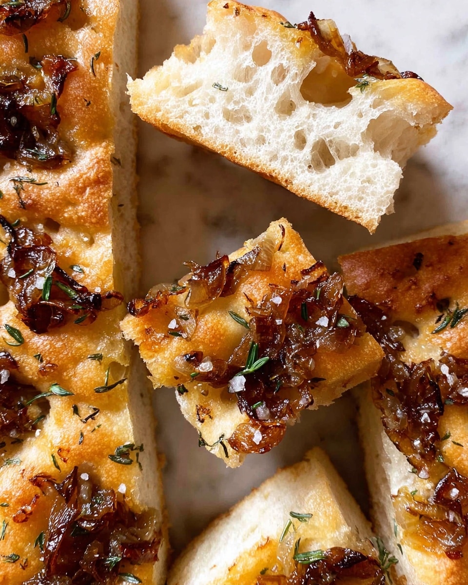 The image shows pieces of focaccia bread with a light golden crust and an airy, bubbly inside texture. The top layer is covered with caramelized onions that have a dark brown, glossy look, along with scattered small green herb leaves, and tiny grains of salt visible. The bread pieces are laid close together on a white marbled surface. photo taken with an iphone --ar 4:5 --v 7