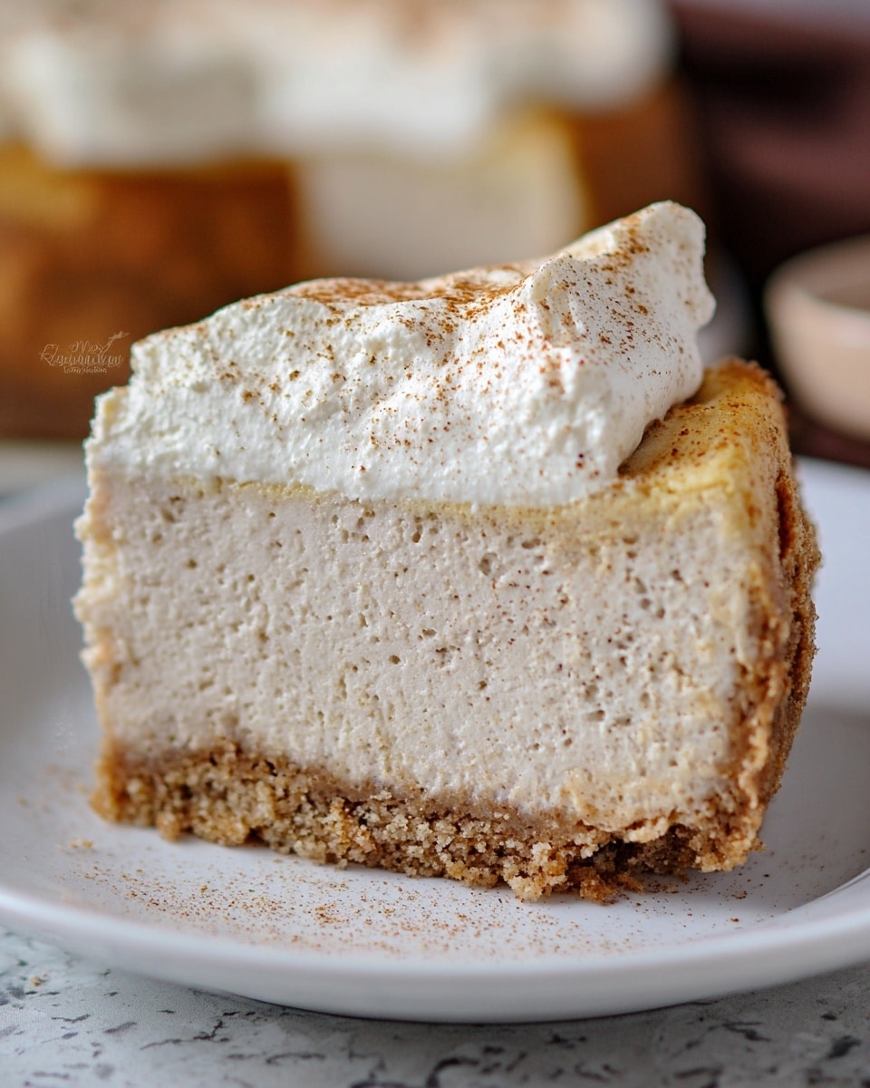 A close-up side view of a thick slice of cheesecake on a white square plate, showing three layers: a crumbly light brown base at the bottom with a slightly rough texture, a tall middle layer of creamy beige cheesecake mixed with tiny specks giving it a slightly grainy look, and a fluffy white whipped cream topping with uneven swirls and a light sprinkle of cinnamon powder on top, all set against a soft out-of-focus background with a white marbled surface. photo taken with an iphone --ar 4:5 --v 7