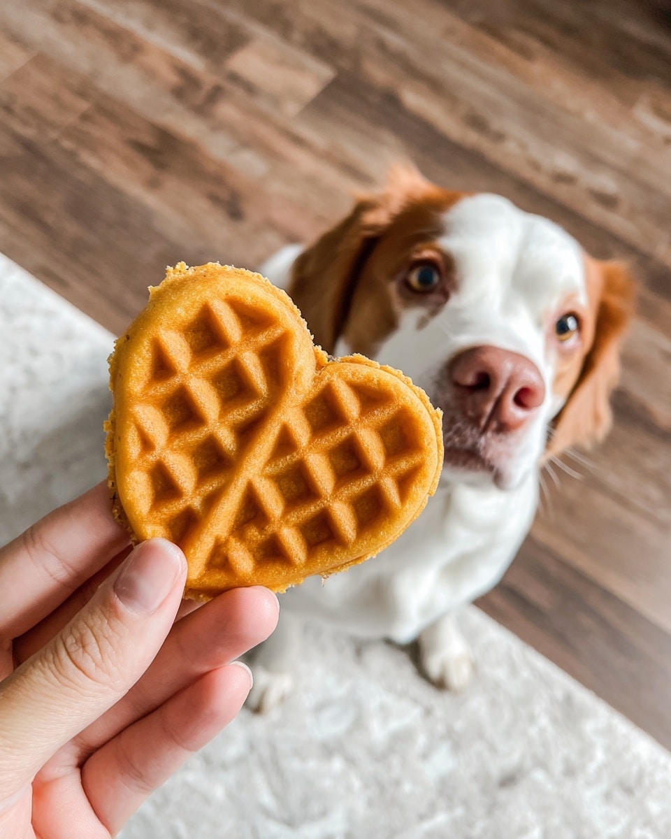 A close-up of a woman's hand holding a small heart-shaped waffle that is golden brown with a slightly rough texture and well-defined square impressions. The background shows a dog with white fur and brown spots, sitting on a wooden floor with rich dark brown tones and natural wood grain patterns. The scene is bright and clear, focusing on the waffle and the dog's face looking up. photo taken with an iphone --ar 4:5 --v 7