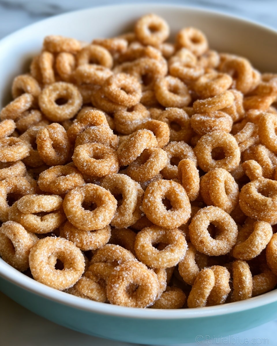 A close-up of a white bowl filled with many small, round cereal pieces that are light brown in color with a slightly rough texture. Each cereal piece has a small hole in the middle, and they are coated with visible sugar crystals, giving them a sparkling look. The cereal pieces are piled slightly above the rim of the bowl, creating a rounded, full layer. The background shows a white marbled texture, adding a clean, bright contrast to the cereal. photo taken with an iphone --ar 4:5 --v 7