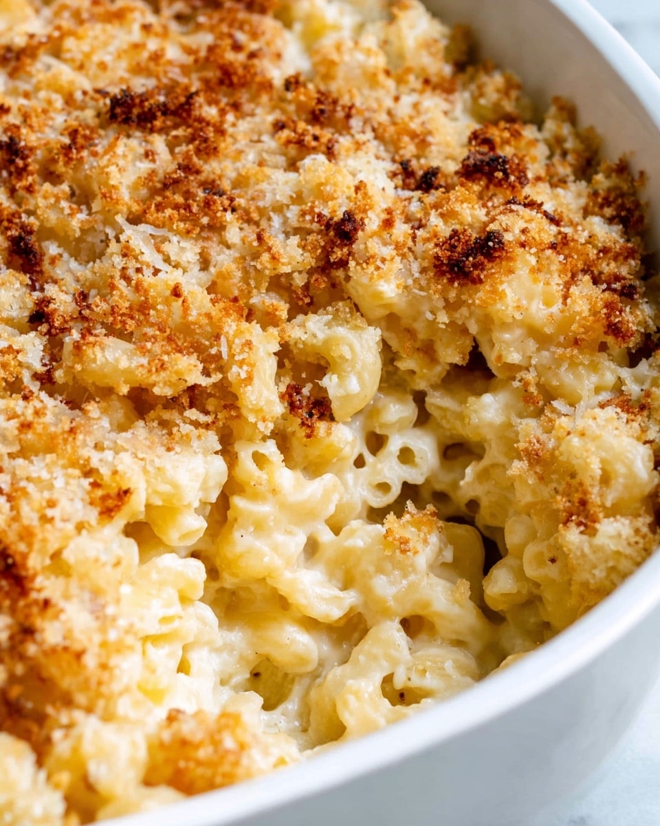 A close-up of a white baking dish filled with baked macaroni and cheese, showing two layers; the bottom layer is creamy, melted light yellow macaroni pasta covered with a slightly browned, golden breadcrumb topping that looks crispy and textured, with some parts bubbling through the crust; the macaroni pieces are small and curved with a smooth cheese sauce that shines under the light, sitting on a white marbled surface. photo taken with an iphone --ar 4:5 --v 7