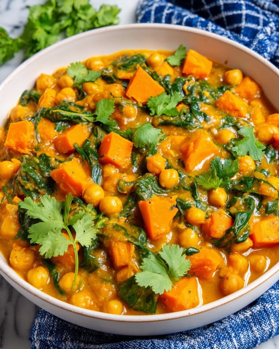 A white bowl filled with three layers: the base layer consists of orange cubed sweet potatoes covered in thick, creamy light orange sauce; the middle layer is light beige round chickpeas scattered evenly; the top layer has dark green leafy spinach and bright green fresh cilantro leaves spread across, creating a colorful contrast. The bowl sits on a white marbled surface with a gray and white checkered cloth nearby. photo taken with an iphone --ar 4:5 --v 7