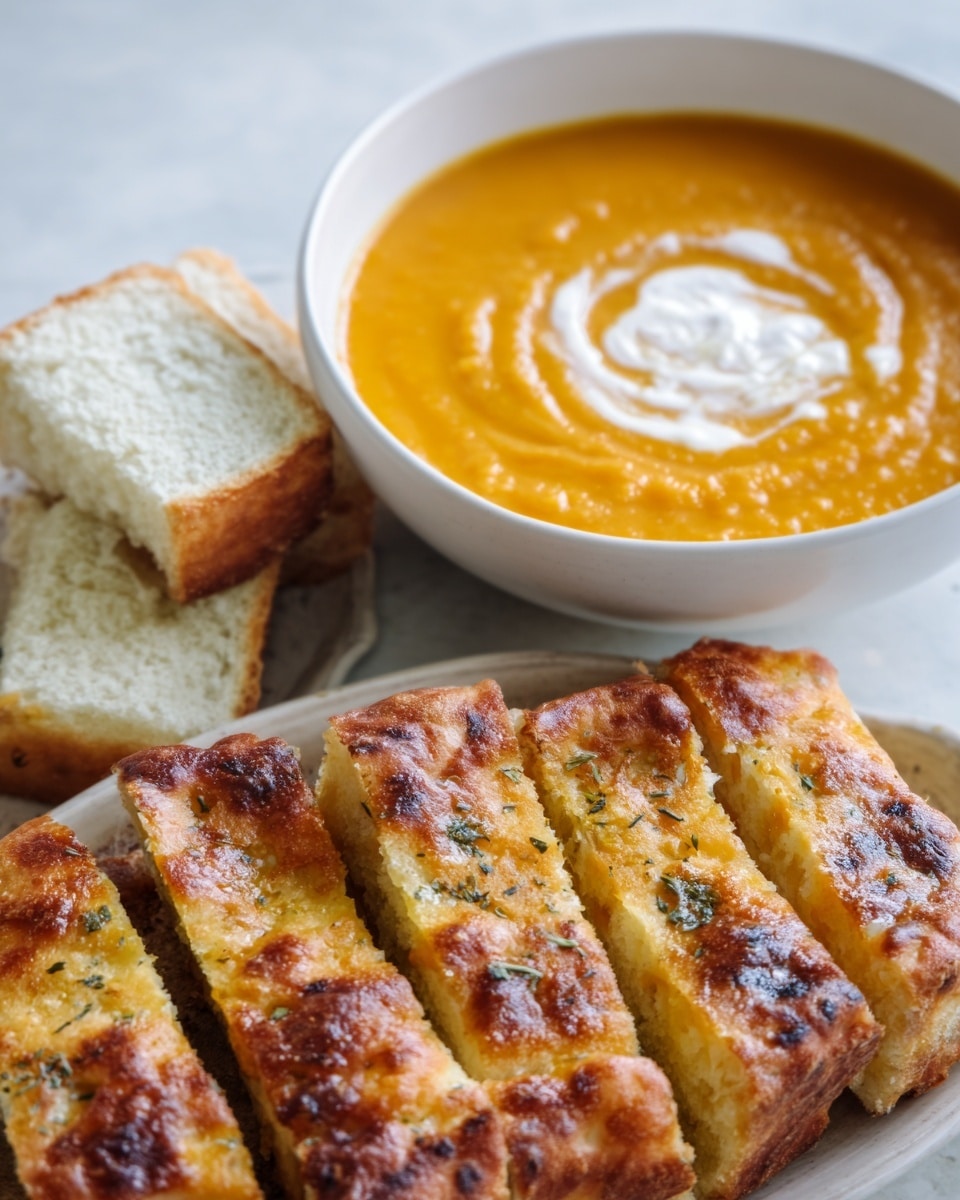 The image shows a close-up of a white bowl filled with smooth orange soup, which looks creamy and thick. Next to the bowl, there are small pieces of white bread surrounding it on a white marbled surface. In the foreground, there is a white plate with a large flatbread, cut into small rectangular pieces with a golden brown crust and sprinkled lightly with herbs. The pieces have a slightly crispy texture on top and look soft inside. A woman's hand is holding one piece of the bread, lifting it slightly above the plate. The lighting is bright, highlighting the colors and textures clearly. Photo taken with an iphone --ar 4:5 --v 7