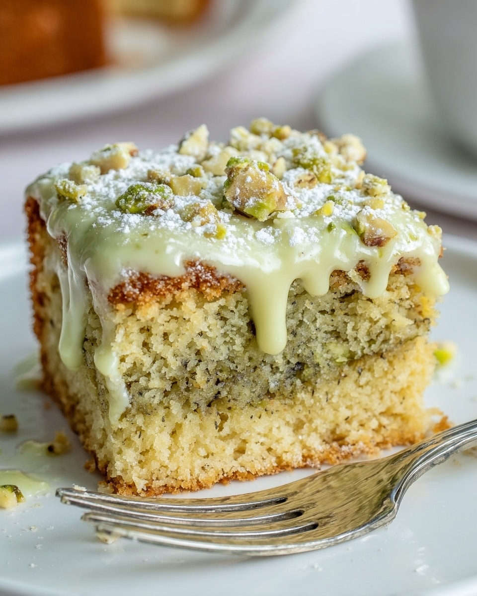 A close-up of a single slice of cake on a white plate, showing three layers with a crumbly texture: the top and bottom layers are light golden brown, while the middle layer is greenish, indicating a filling or mix. The top is covered with pale green glaze that drips slightly down the sides, sprinkled with small pieces of crushed nuts, and dusted lightly with white powdered sugar. A silver fork rests at the right edge of the plate, all set on a white marbled background. Photo taken with an iphone --ar 4:5 --v 7