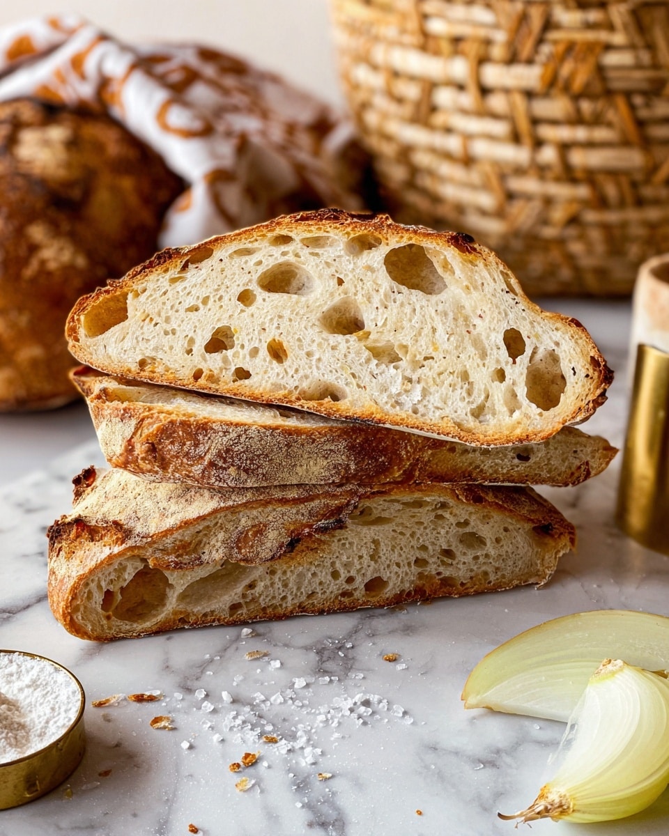 The image shows several thick slices of crusty bread with a golden brown outer crust and a soft, airy inside with many holes, stacked diagonally on a white marbled surface. Behind the slices, part of a whole loaf with a similar crust and airy texture is visible. There are two wedges of pale yellow onion around the bread, one near the slices and one near the whole loaf. A small measuring cup with white granules, possibly salt, is placed near the bread, and some granules are scattered on the surface in front. In the background, partially seen are a wicker basket and a cloth with brown and white patterns. The setting is bright and natural. Photo taken with an iphone --ar 4:5 --v 7