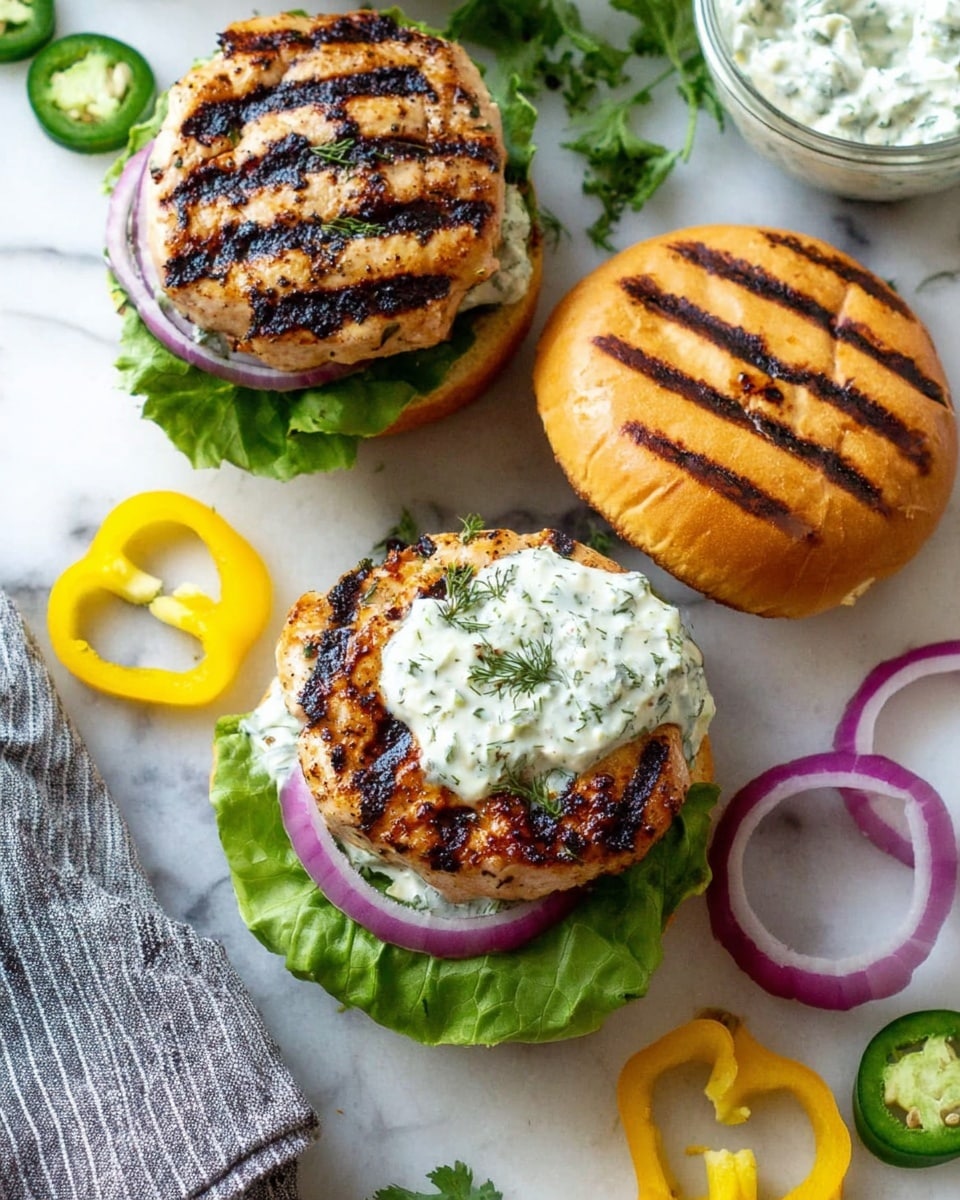 Two grilled chicken burgers are placed on a white marbled surface. Each burger shows a bottom white bun topped with fresh green lettuce leaves, thick round slices of red onion, a creamy white sauce with green herbs, and a grilled chicken patty with visible char marks. The top white bun with grill lines and a slice of pickled yellow pepper is off to the side. Additional sliced red onions, dollops of herb sauce, pickled yellow pepper rings, and a slice of green chili pepper are scattered around. Photo taken with an iphone --ar 4:5 --v 7