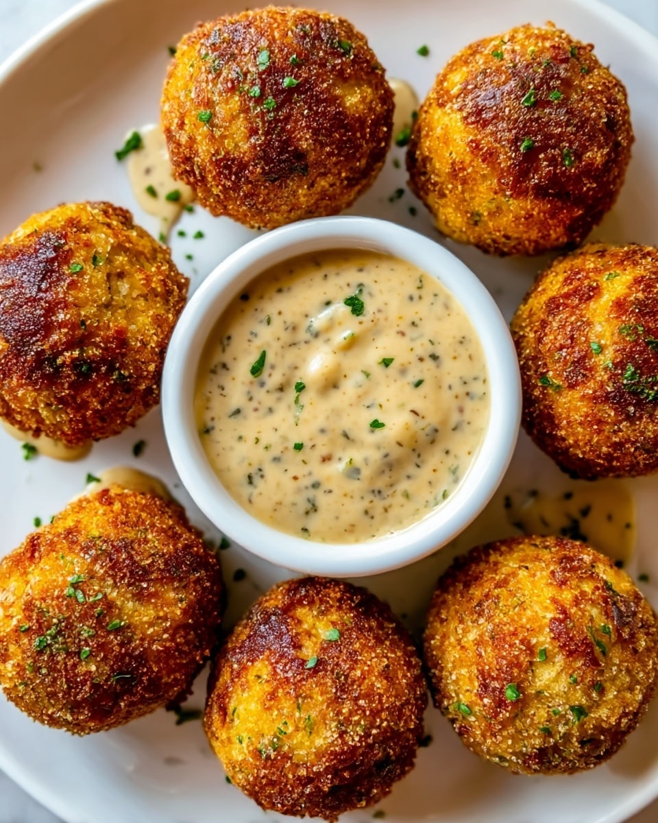 The image shows seven golden brown, round fried balls arranged in a circle on a white surface with a white bowl of creamy, light beige dipping sauce in the center. The balls have a crispy, textured outer layer with hints of darker brown and some green herb sprinkles on top. The dipping sauce is smooth with small herbs mixed in, giving it a speckled look. The balls are evenly spaced around the sauce, creating a balanced and inviting presentation. photo taken with an iphone --ar 4:5 --v 7
