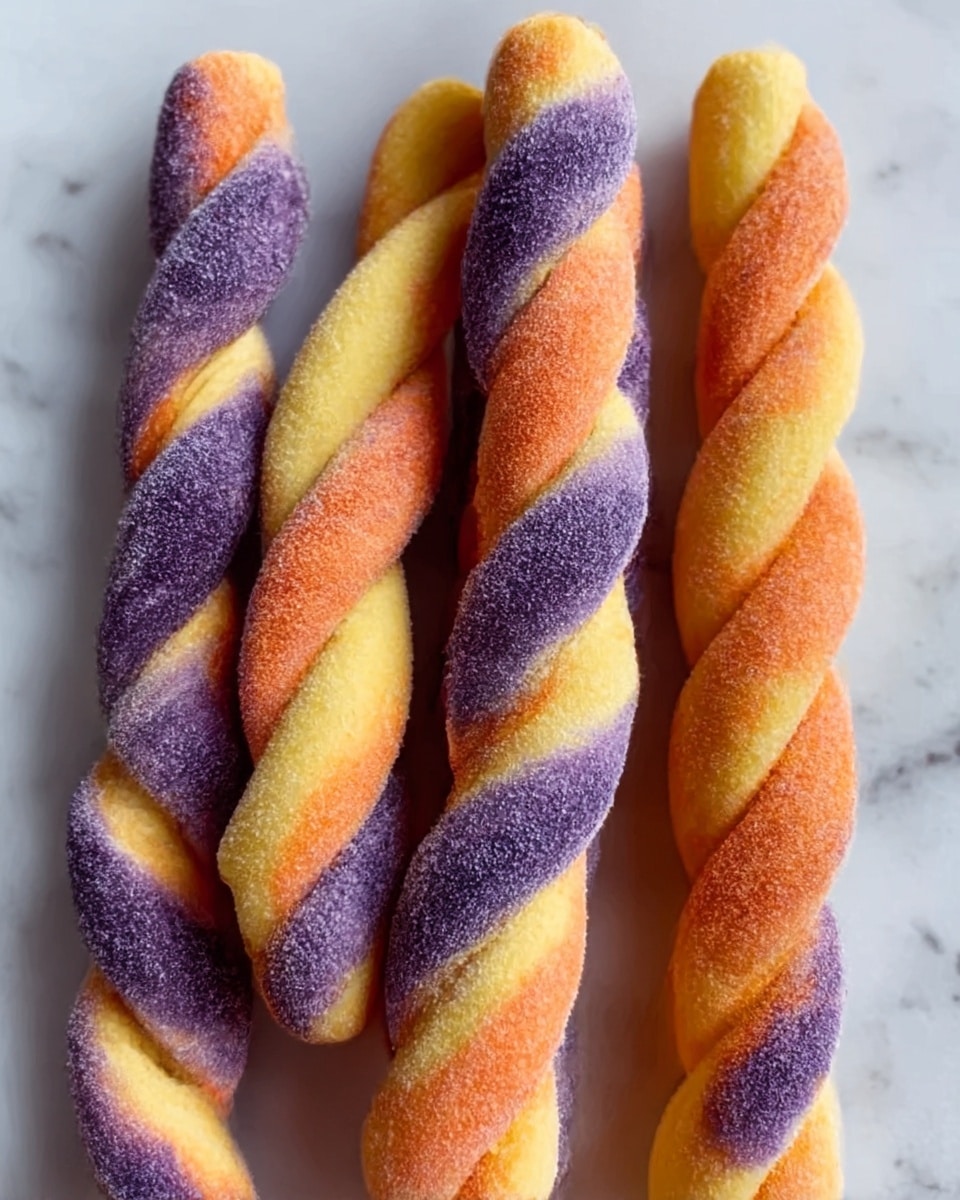 The image shows five twisted breadsticks placed close together on a white marbled surface. Each breadstick has two colors twisted together along its length: three breadsticks are purple and orange mixed, while two breadsticks are yellow and orange mixed. The texture looks soft and slightly powdery, with the different colors blending in a swirled pattern. The breadsticks are aligned vertically, filling the frame. Photo taken with an iphone --ar 4:5 --v 7