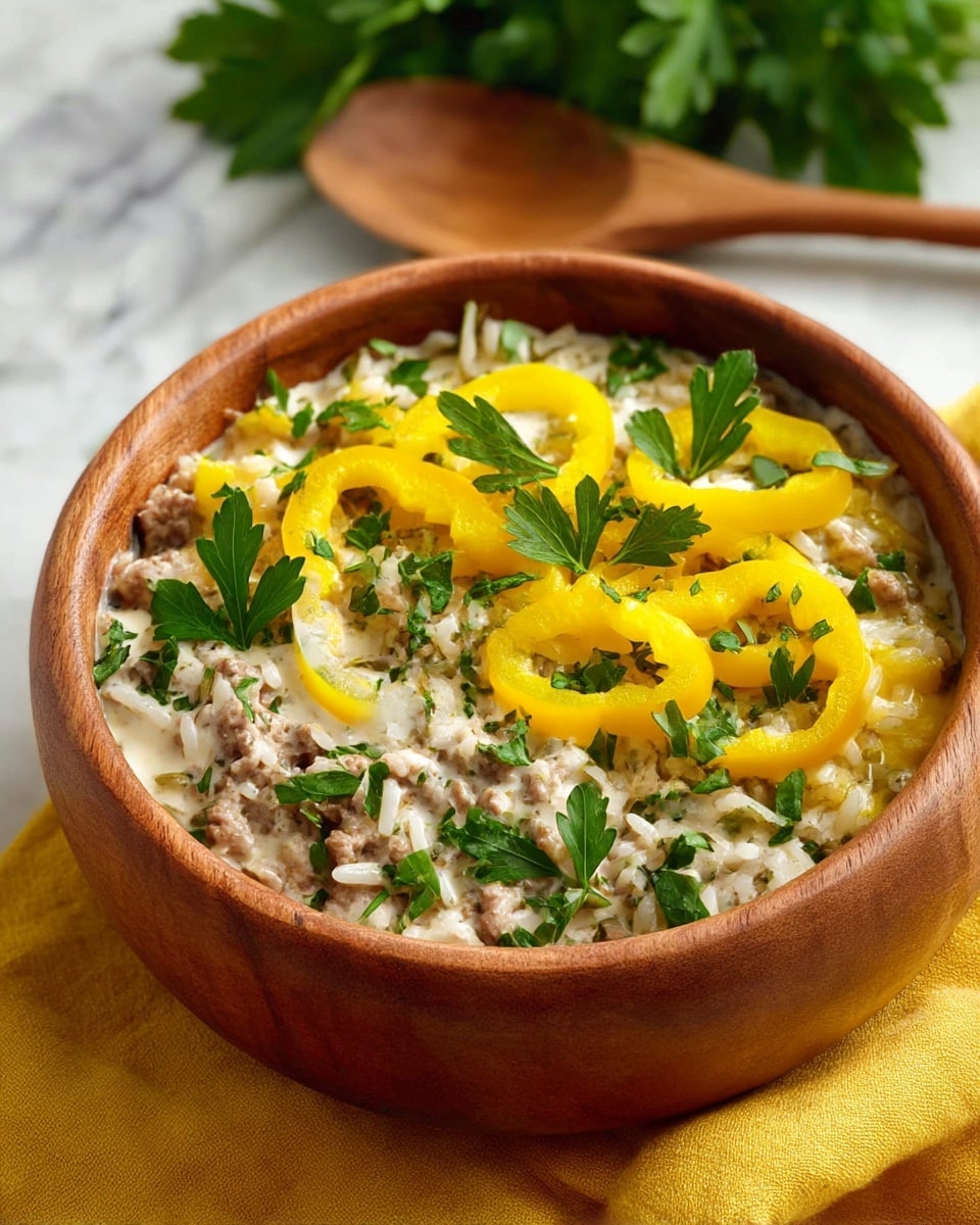 A wooden bowl filled with a creamy rice dish layered with white rice grains mixed with browned ground meat, all coated in a light creamy sauce. On top, there are bright yellow pepper rings and scattered fresh green parsley leaves, adding color and texture contrast. The bowl sits on a bright yellow cloth on a white marbled surface, with blurred green leaves in the background and a wooden spoon slightly visible on the right edge. Photo taken with an iphone --ar 4:5 --v 7