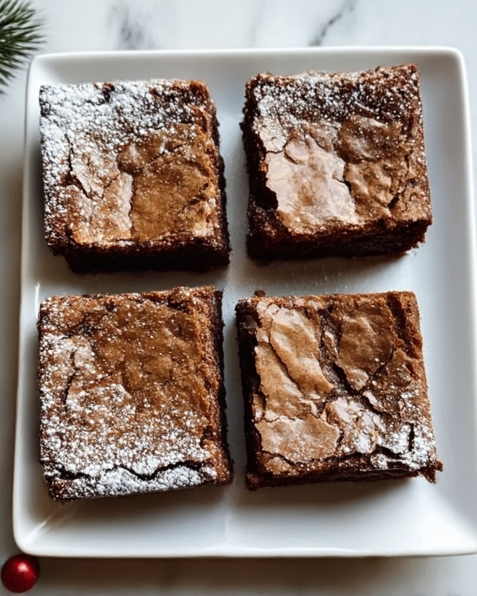 A white square plate holds four thick, square brownie pieces arranged closely together in two rows. The brownies have a cracked top layer with a slightly shiny brown color and a light dusting of powdered sugar over two of the pieces. The texture looks dense and fudgy with a slightly crispy top crust. The background is a white marbled surface, and in the corner, blurred brown baked goods and a white ceramic container are visible. Photo taken with an iphone --ar 4:5 --v 7