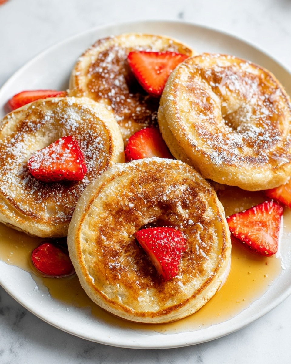 The image shows a white plate with several thick, round apple ring pancakes arranged closely together. Each pancake is golden brown with a slightly crispy texture on top, and the holes in the center of the apple rings are visible. The pancakes are generously drizzled with amber-colored syrup that pools slightly on the plate, adding shine and warmth. Light dustings of powdered sugar are sprinkled across the pancakes, creating soft white highlights. Scattered around and on top of the pancakes are small, bright red strawberry slices, adding a fresh and colorful contrast. The plate sits on a white marbled surface. photo taken with an iphone --ar 4:5 --v 7