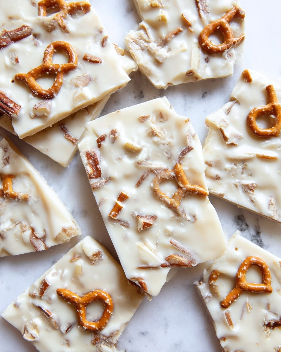 The image shows several pieces of white chocolate bark broken into rough squares and scattered close together on a white marbled surface. Each piece has a smooth, creamy white layer studded with broken pretzel sticks and pieces, adding a crunchy texture and a mix of light brown and beige colors that contrast with the white chocolate. The pretzel pieces are unevenly spread through the chocolate layer, creating a rustic and homemade look. Photo taken with an iphone --ar 4:5 --v 7