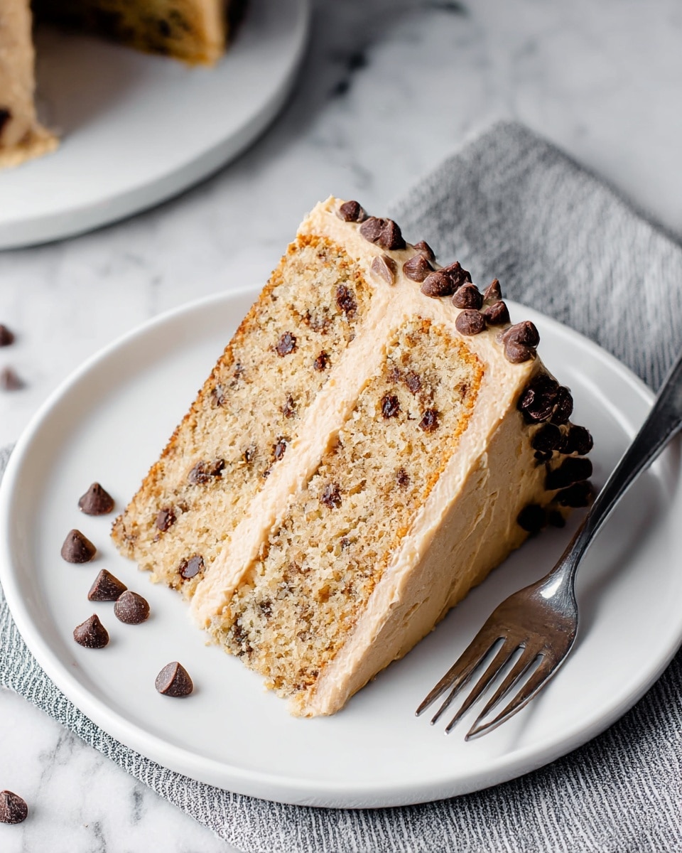A slice of two-layer chocolate chip cake sits on a white plate, each cake layer light brown with many dark chocolate chips inside. Between the layers and covering the top and sides is a thick, smooth, light caramel-colored frosting. A few chocolate chips are sprinkled on top of the frosting near the front edge. A silver fork lies on the plate on the left side of the cake, resting on a folded striped cloth napkin beneath the plate. The plate is placed on a white marbled surface, and a small bowl of chocolate chips can be seen blurred in the background. Photo taken with an iphone --ar 4:5 --v 7