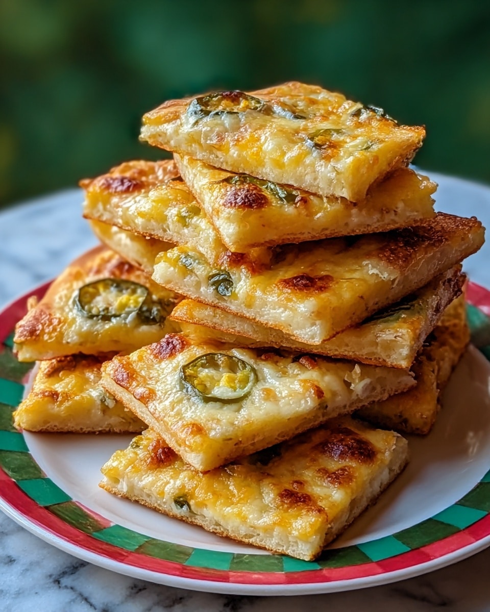 A stack of rectangular pizza slices is arranged closely on a white plate with red, green, and brown stripes. Each slice has two main layers: a bottom brown crust that looks firm and a top layer of melted golden cheese with slightly browned spots and scattered pieces of green olives embedded in it. The cheese layer looks thick and bubbly, with a shiny, crisp texture. The background is blurred with a white marbled texture visible beneath the plate. photo taken with an iphone --ar 4:5 --v 7