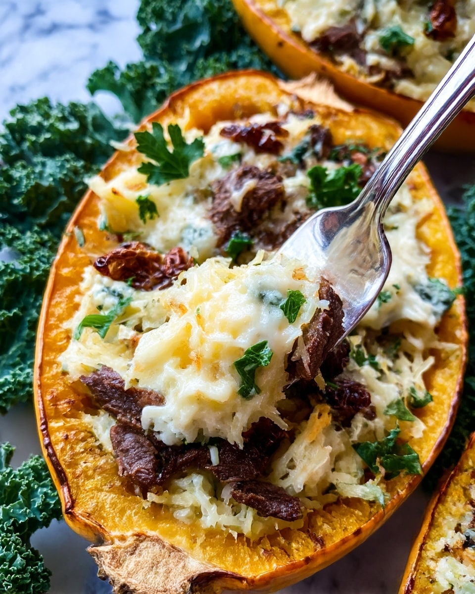 This image shows a close-up of a stuffed squash boat with several layers visible. The bottom layer is the baked orange squash shell, firm and slightly browned at the edges, holding all the fillings. Inside, there is a creamy textured mixture mainly made of shredded white cheese with spots of melted blue cheese. Mixed in are pieces of cooked steak, dark brown with a grilled texture, and small chunks of sun-dried tomatoes which add a deep red color. Fresh green parsley leaves are scattered on top adding a fresh element. A shiny metal fork holds a scoop peeling up a mix of the cheesy filling and steak from the squash. The dish rests on a white marbled surface with kale leaves placed around the squash boats for a decorative touch. photo taken with an iphone --ar 4:5 --v 7