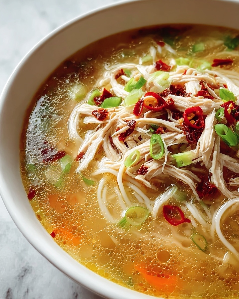 A close-up view of a white bowl filled with clear broth soup showing thin white noodles at the bottom layer, topped with shredded light brown chicken pieces, slices of green scallions, reddish-brown dried chili flakes, and small slices of red chili floating on the surface. The broth has visible oil droplets and a light golden color, while some orange carrot slices are visible underneath. The bowl sits on a white marbled surface. photo taken with an iphone --ar 4:5 --v 7