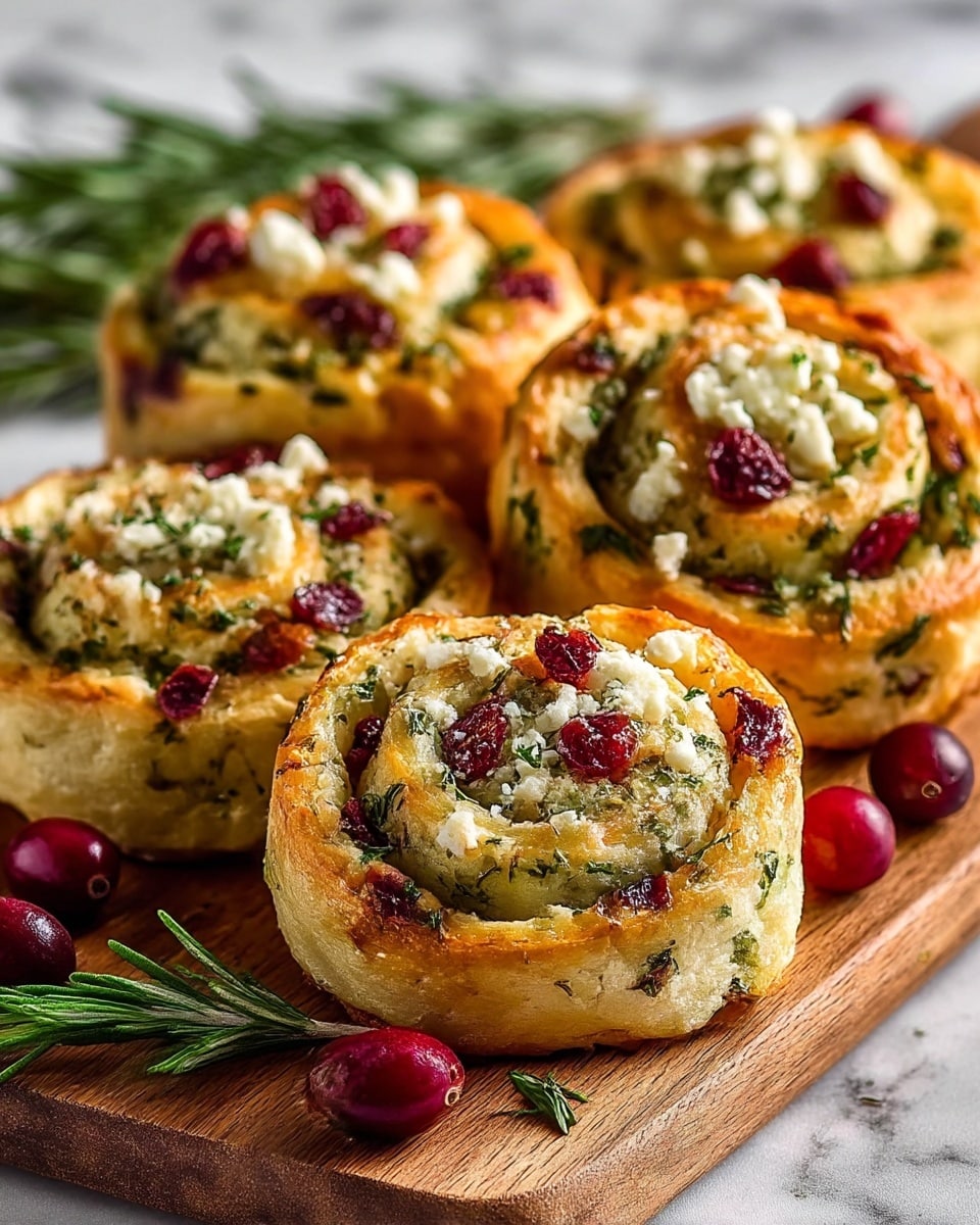 The image shows five golden-brown roll-shaped pastries on a wooden board, each with visible layers of soft dough speckled with green herbs, bright red cranberry pieces, and white crumbled cheese on top and inside the spirals. The rolls have a slightly shiny, crispy surface, and scattered fresh rosemary and whole cranberries sit around the board, enhancing the look. The background has a white marbled texture, slightly blurred, highlighting the pastries in the front. Photo taken with an iphone --ar 4:5 --v 7
