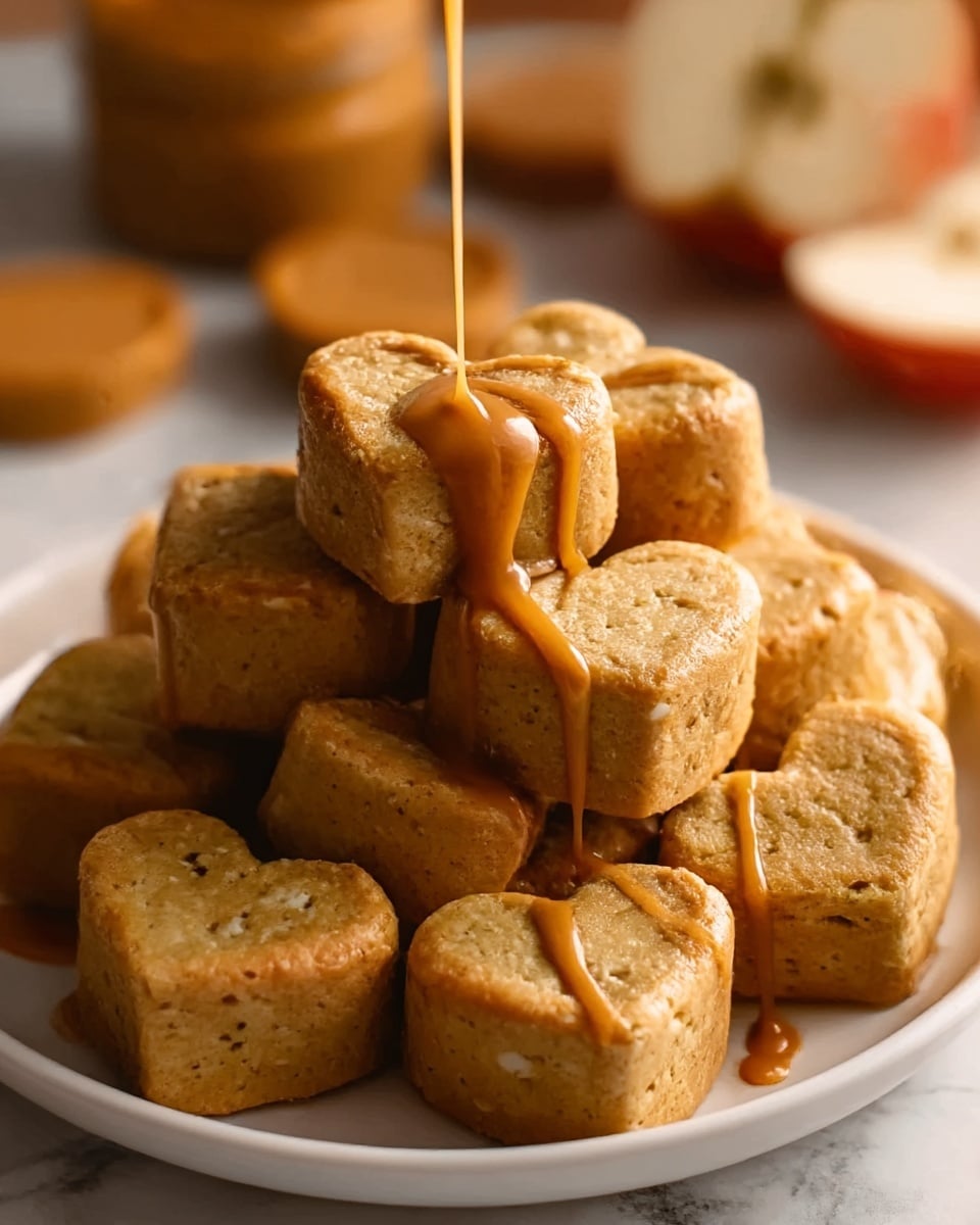 A white bowl filled with multiple small heart-shaped peanut butter treats stacked in a pyramid form. The treats are light brown with a slightly glossy, smooth texture, showing small dots of peanut bits inside. Light brown peanut butter sauce is being poured over the top layer, creating thin, shiny streams that drip down the sides. The bowl rests on a surface with a white marbled texture. In the background, there are blurred round peanut butter containers and a halved apple. photo taken with an iphone --ar 4:5 --v 7