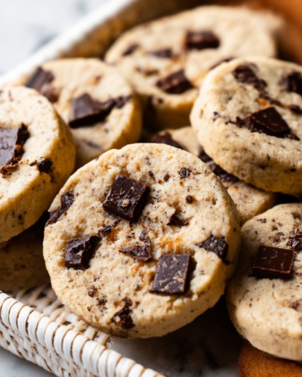 The image shows a close-up of several round cookies with chunks of dark chocolate mixed in. The cookies are pale beige in color with a slightly grainy texture, and the dark chocolate pieces are unevenly scattered throughout each cookie, creating a nice contrast. The cookies are arranged close together on a white woven tray, and the background is a white marbled surface. photo taken with an iphone --ar 4:5 --v 7