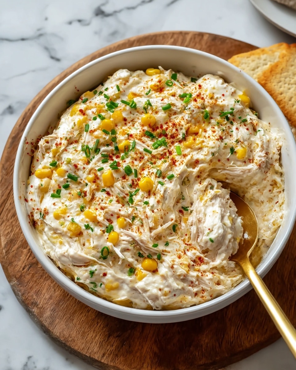 The dish is a creamy mixture served in a white bowl placed on a wooden board over a white marbled surface. The creamy base is white with visible textures of shredded chicken mixed in, showing soft, fibrous layers of light beige. Bright yellow corn kernels are scattered throughout the mixture, adding pops of color. The top is sprinkled with small green pieces, likely chopped herbs or scallions, and a light dusting of red seasoning. A gold spoon is partially dipped into the mixture on the right side, creating peaks and ridges in the creamy texture. Photo taken with an iphone --ar 4:5 --v 7