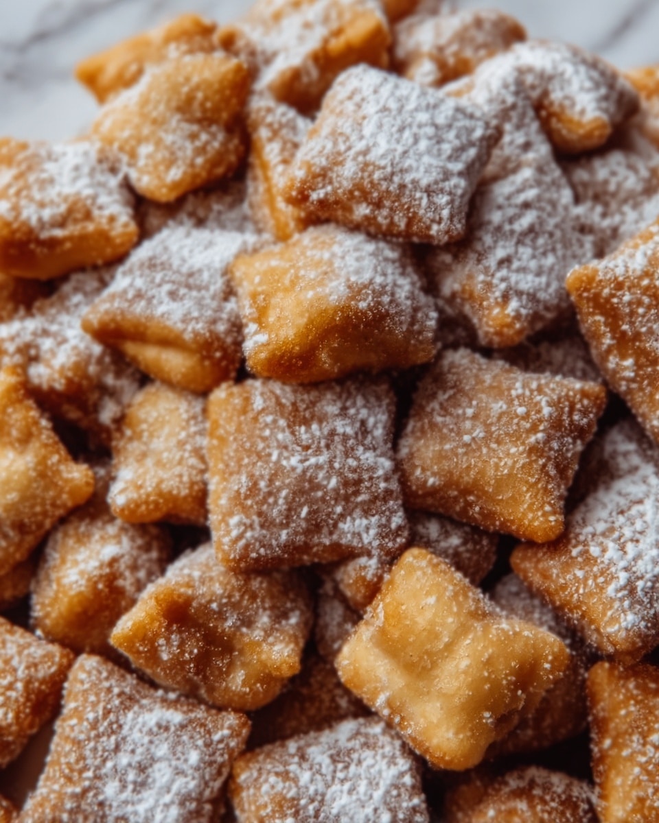 The image shows a close-up of many small, square-shaped pieces of fried dough, golden brown in color with a slightly rough and crispy texture. Each piece is lightly dusted with a layer of white powdered sugar, evenly coating the top surfaces. The pieces are piled together tightly, filling the entire frame, highlighting the warm tones of the dough contrasted with the bright white sugar. The background consists of a white marbled texture, softly out of focus. photo taken with an iphone --ar 4:5 --v 7