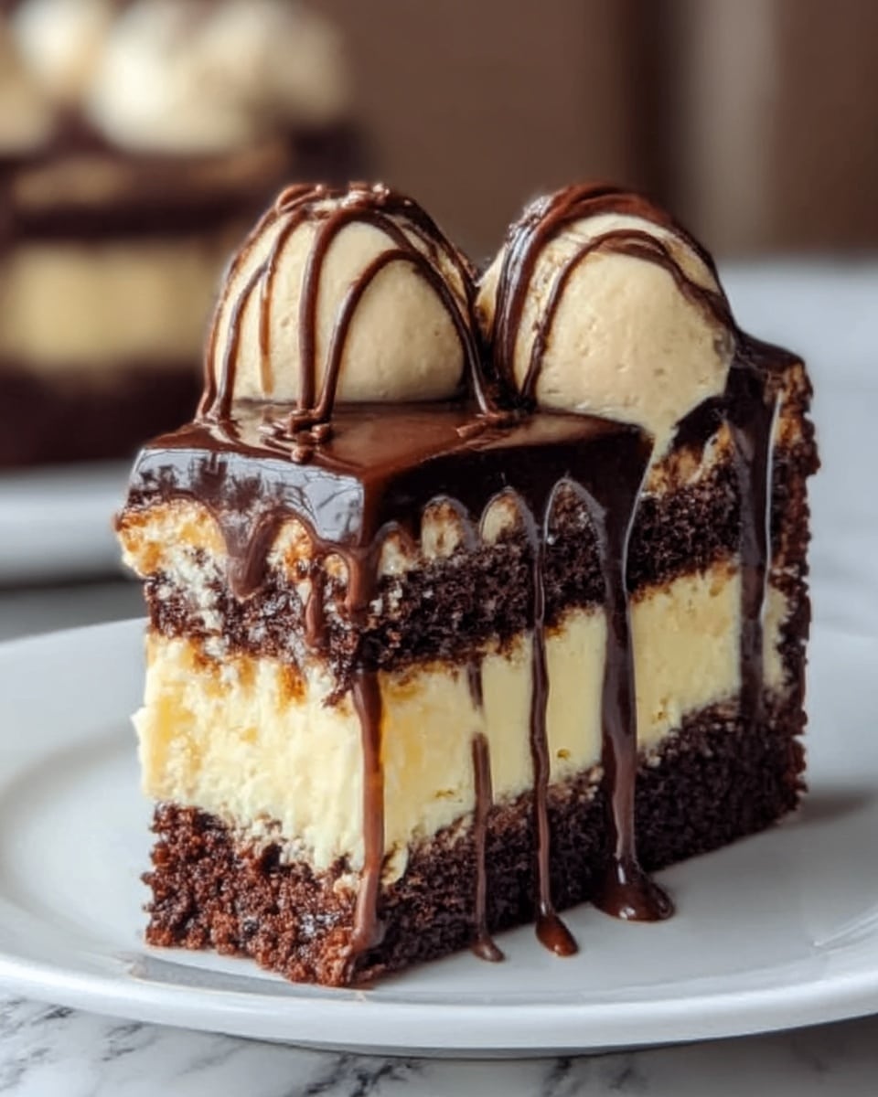 A close-up view of a thick slice of cake on a white plate, placed on a white marbled surface. The cake has three main layers: the bottom layer is dark chocolate cake with a soft, moist texture; the middle layer is a creamy pale yellow custard, smooth and dense; the top layer is another dark chocolate cake layer, slightly crumbly. On top of the cake, there are two large, light beige dollops of cream with a smooth texture. A thick, shiny dark chocolate ganache covers the top and drips down the sides in uneven streams. Thin strands of darker chocolate are drizzled over the cream and ganache. photo taken with an iphone --ar 4:5 --v 7