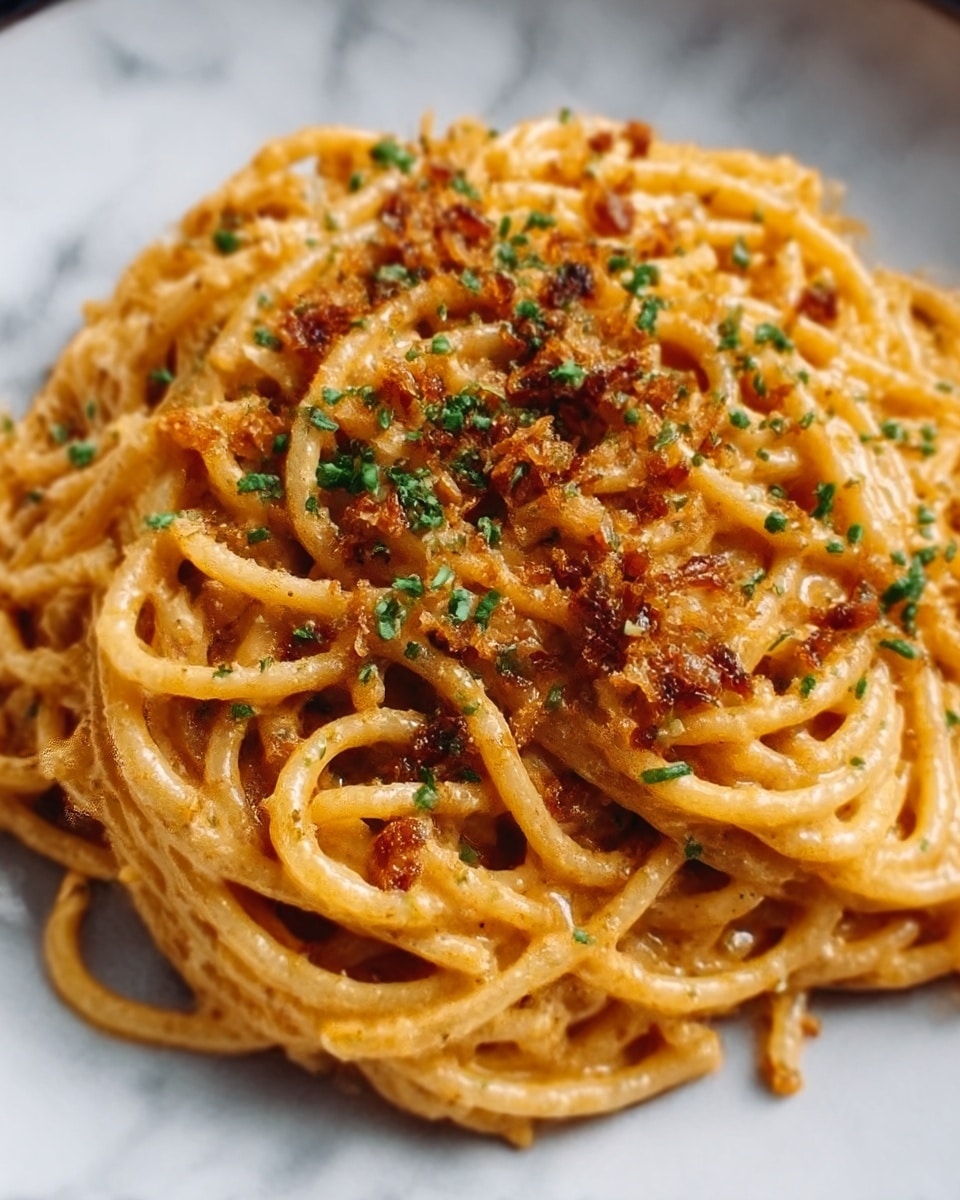 A close-up view of a plate of spaghetti pasta coated in a creamy, orange-colored sauce with a smooth and slightly glossy texture. The pasta strands are twisted together and topped with small bits of browned crispy crumbs and a sprinkle of finely chopped green herbs. The dish is set on a simple white plate placed on a white marbled surface. photo taken with an iphone --ar 4:5 --v 7