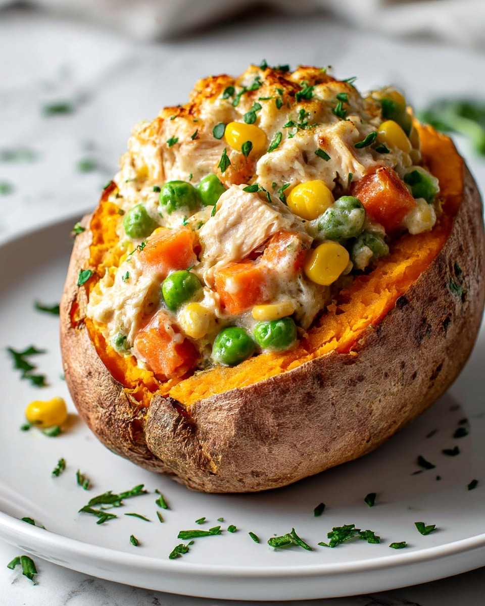 A stuffed baked sweet potato sitting on a white plate with a white marbled texture background, the sweet potato skin is brownish and slightly cracked, with the inside bright orange and carved out to hold the filling. The filling is a creamy mixture with visible chunks of cooked chicken, green peas, orange carrot pieces, and yellow corn, all mixed in a light creamy sauce. The top of the filling is slightly browned and sprinkled with chopped green herbs. The dish is garnished with extra chopped green herbs scattered around the plate. Photo taken with an iphone --ar 4:5 --v 7